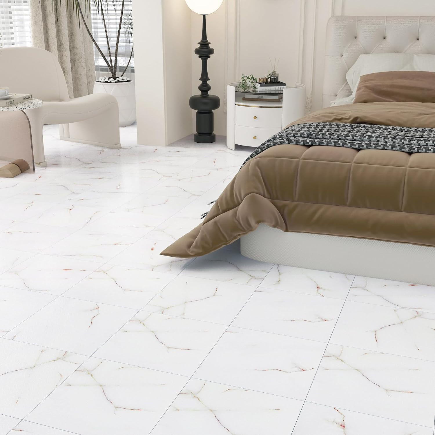 30 Pcs Peel and Stick Marble Look Vinyl Floor Tiles for Kitchen & Bathroom