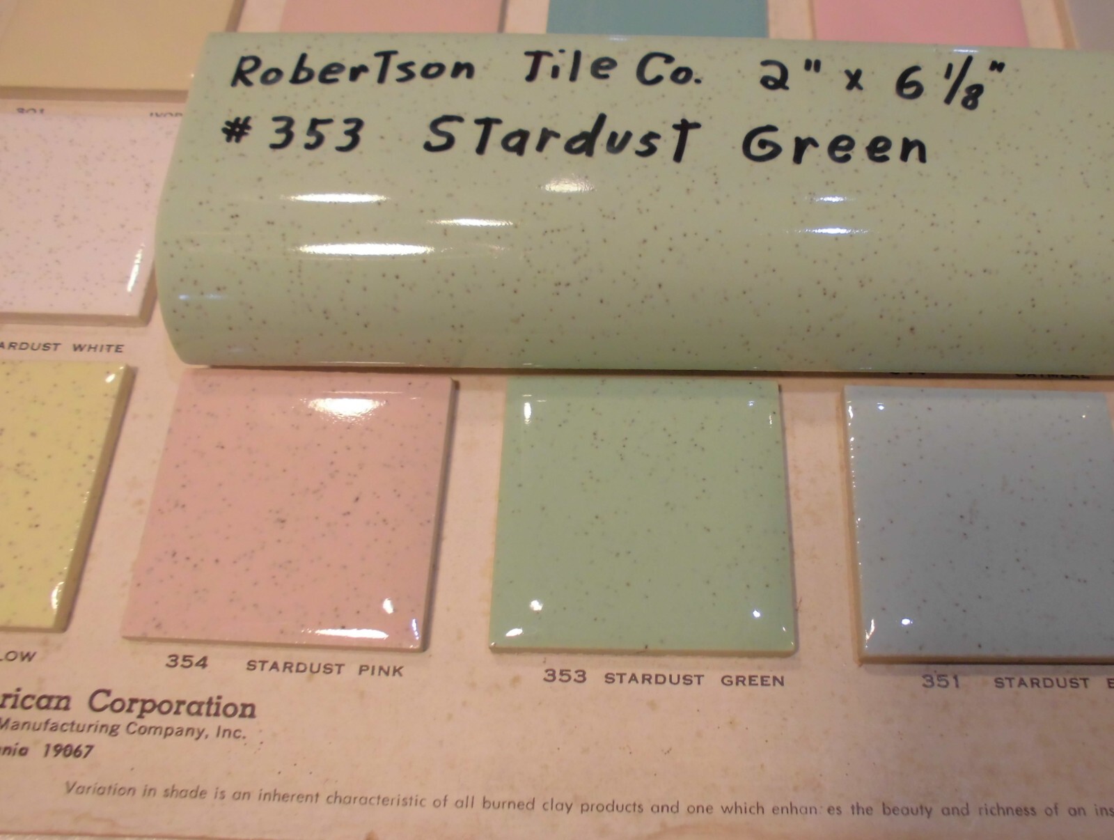 1 pc. Stardust Green: Ceramic Tile; 2″ X 6-1/8″ Radius Bullnose by Robertson Co.
