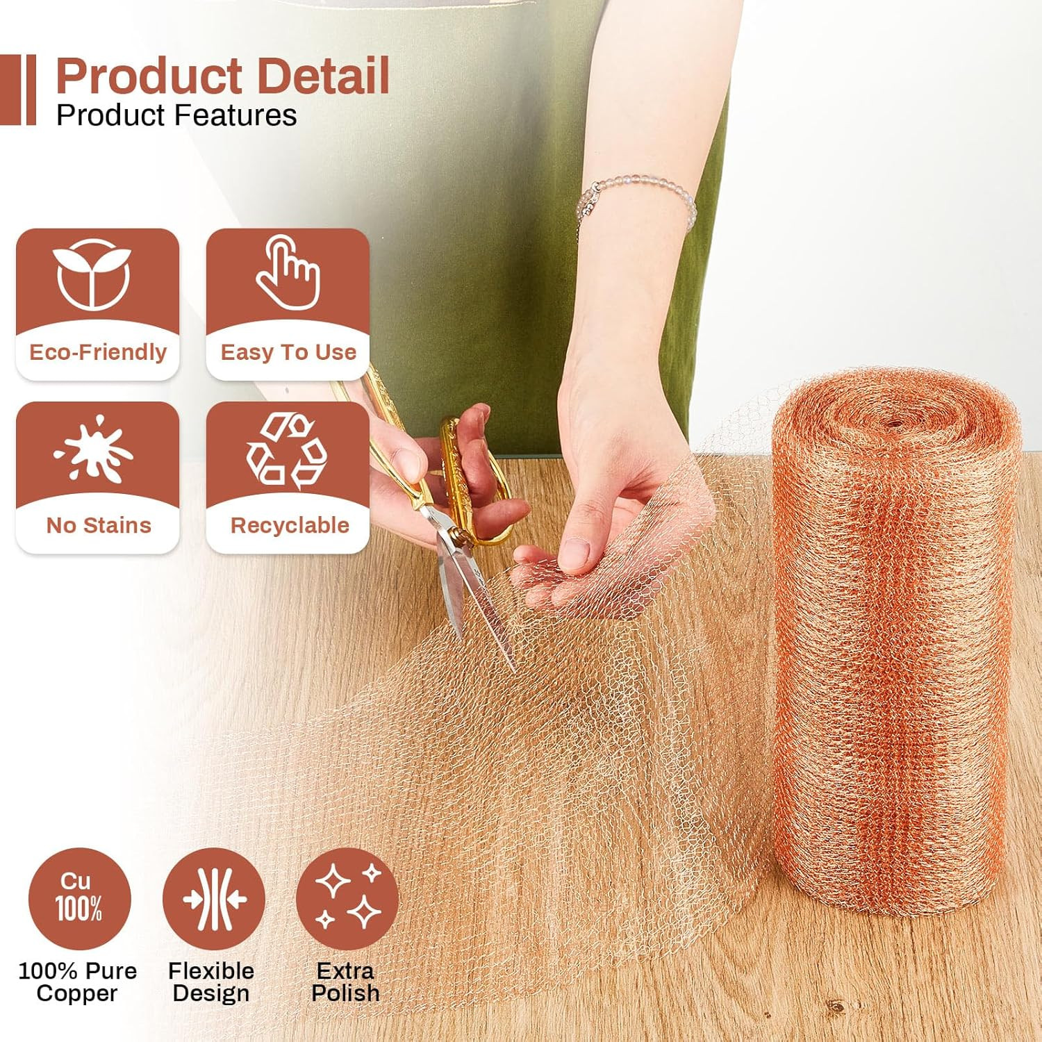 8″ X 100 Ft Copper Mesh Rodent Control Copper Wool for Slugs Rustproof DIY Hole