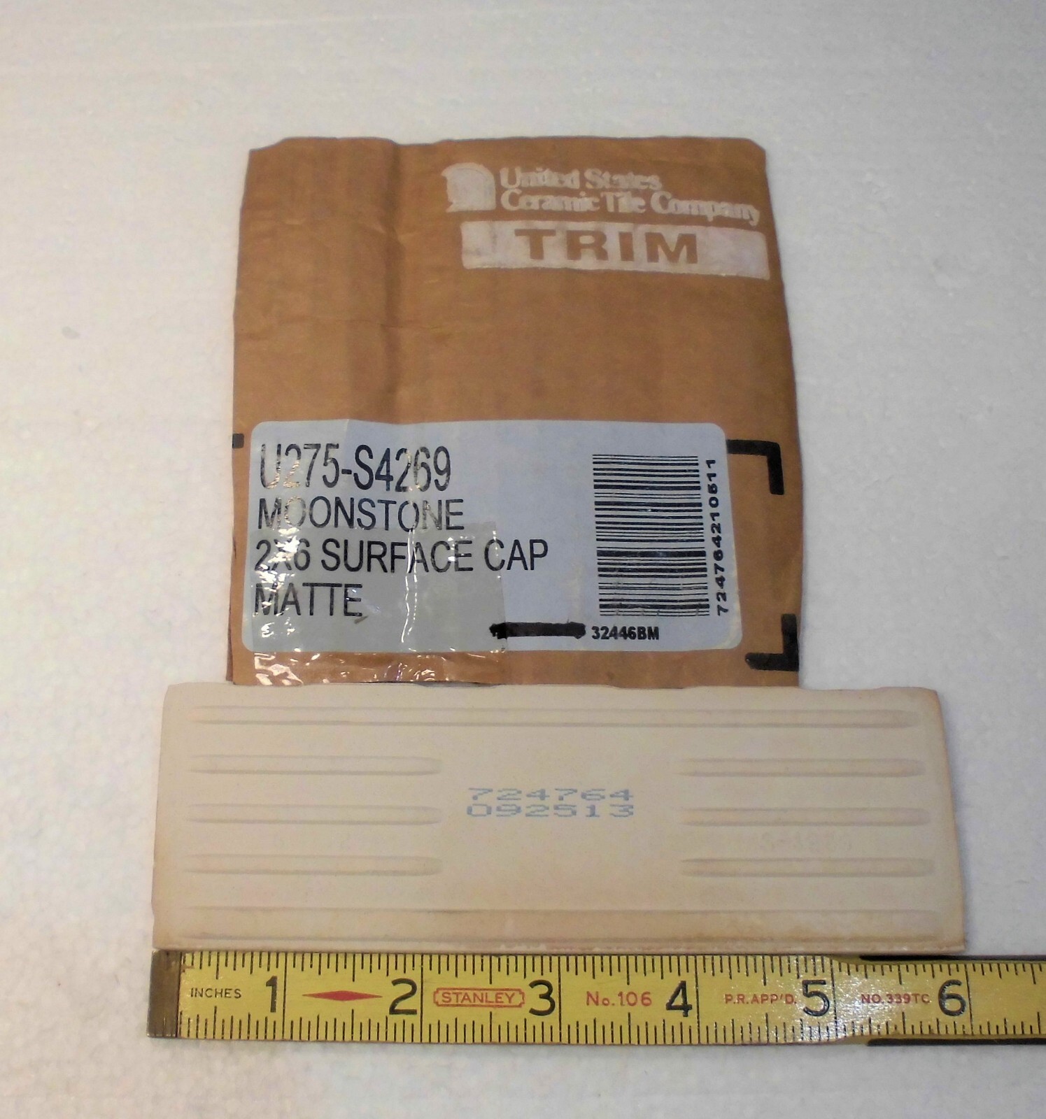 1 pc. Matte Bone: Bullnose Surface Flat Ceramic Tile #U-275 Moonstone, Made USA