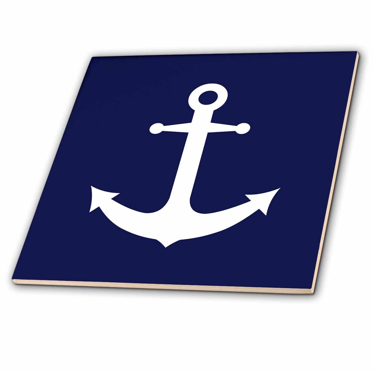 3dRose Navy Blue White Nautical Anchor Design Ceramic Tile 8-Inch