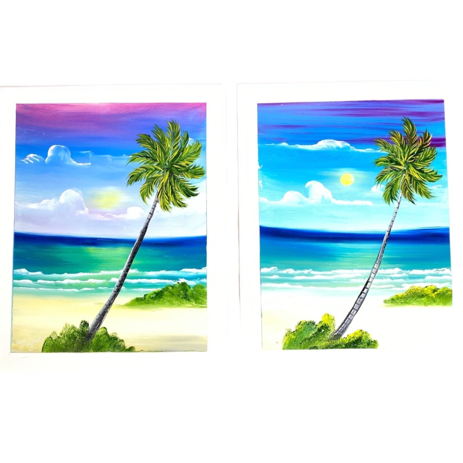 2 Hand Painted Ceramic Tile Wall Art Backsplash Border Mexico Ocean Palm Tree
