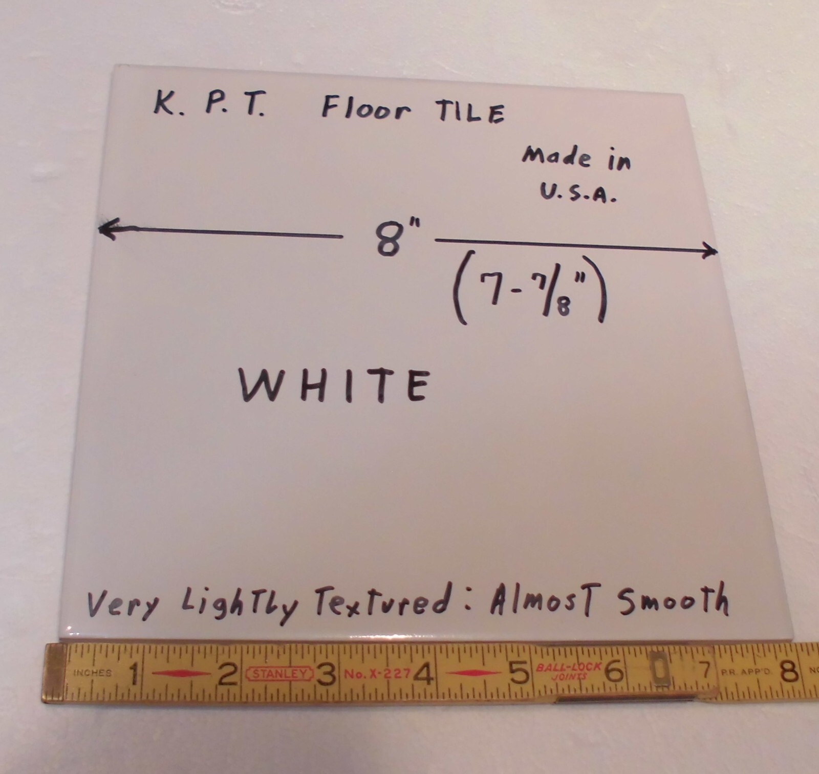 1 pc. Bright White Ceramic Floor Tile: 8″ X 8″ Smooth, Made USA by K.P.T. NEW