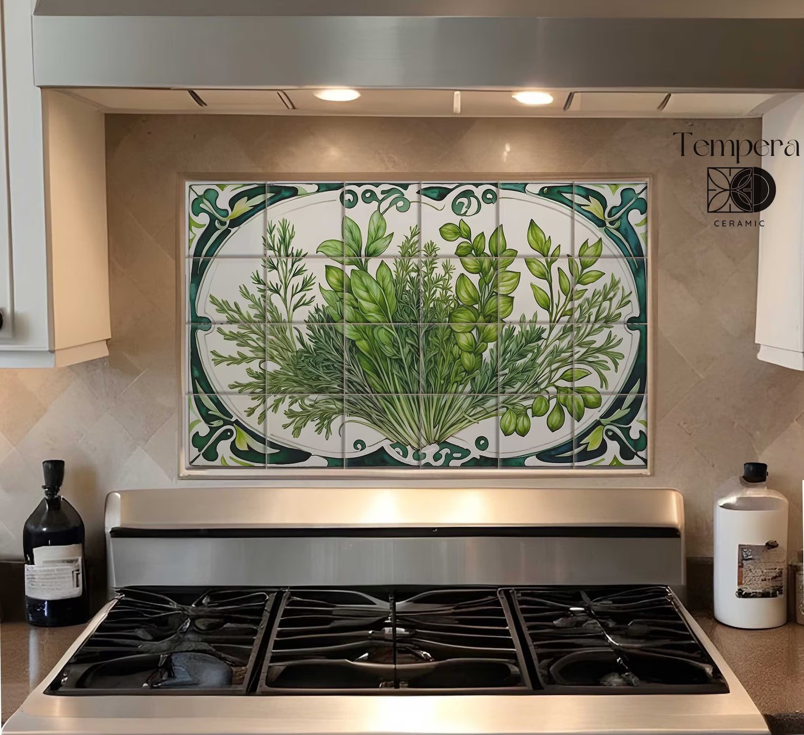 Green Herbs Backsplash Tiles, Botanical Accent for Kitchen Spaces, Herbs Tiles