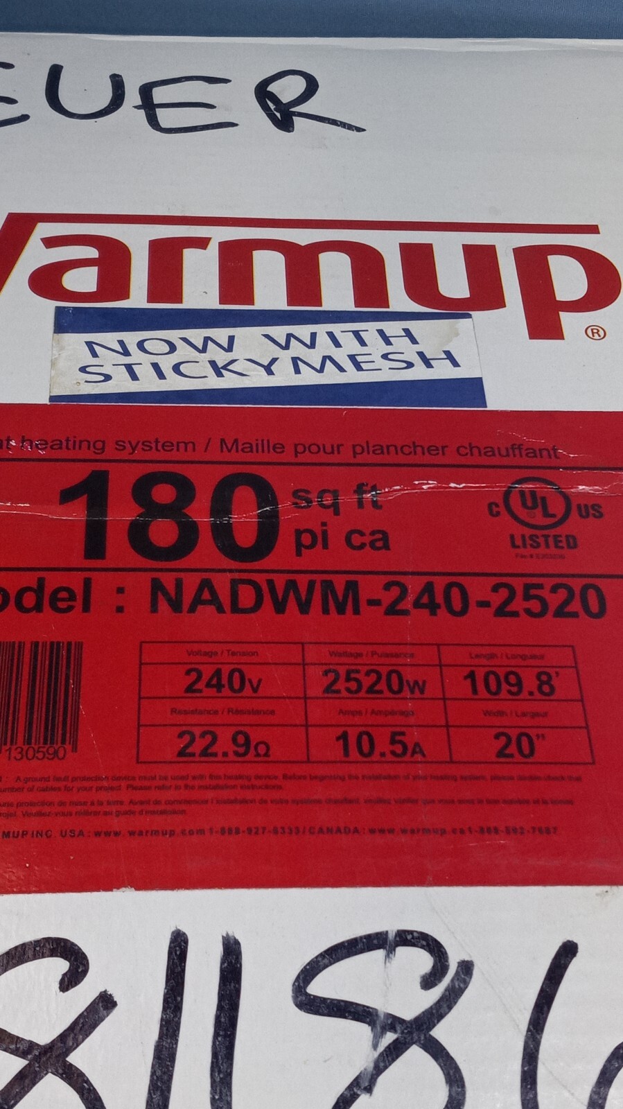 Warm Up Sticky Heating Mat 180sq ft~NADWM-240-2520 Radiant Floor Heating 240v