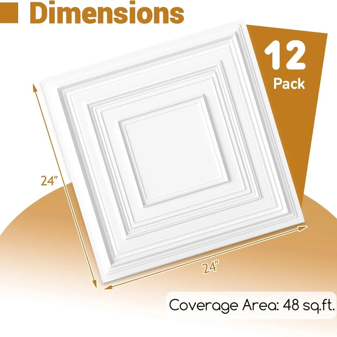 12Pcs Ceiling Tiles 24×24 in PVC Easy Installation White Geometric Ceiling Panel