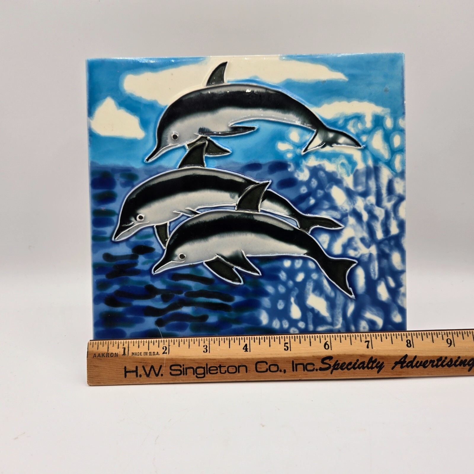 Dolphins Jumping Waves Decorative Wall Art Standing Ceramic Tile Ocean Sea Decor