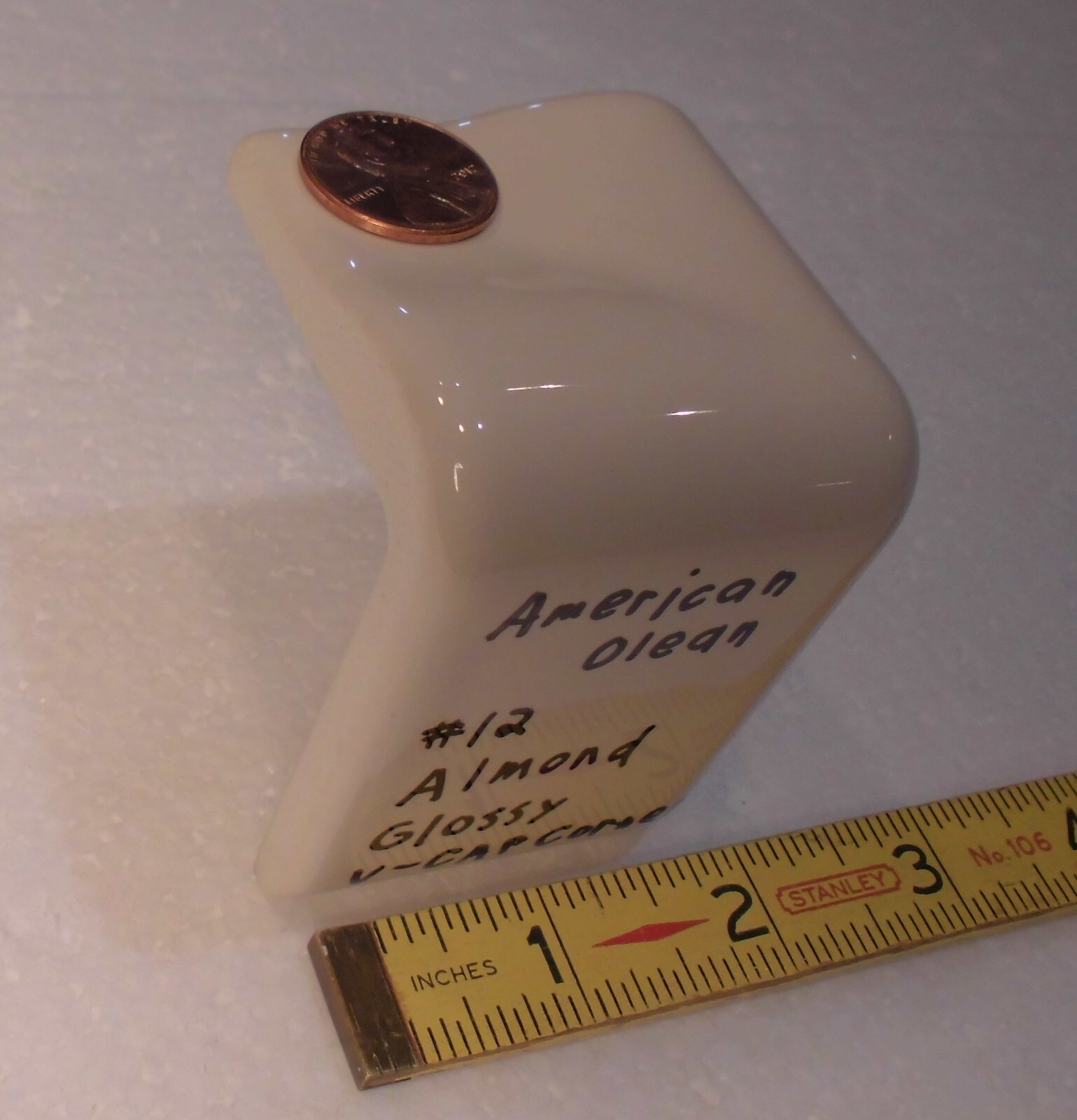 1 pc. Gloss Almond: #12: V Cap Corner Ceramic Trim Tile: Counter Edging, A.O.