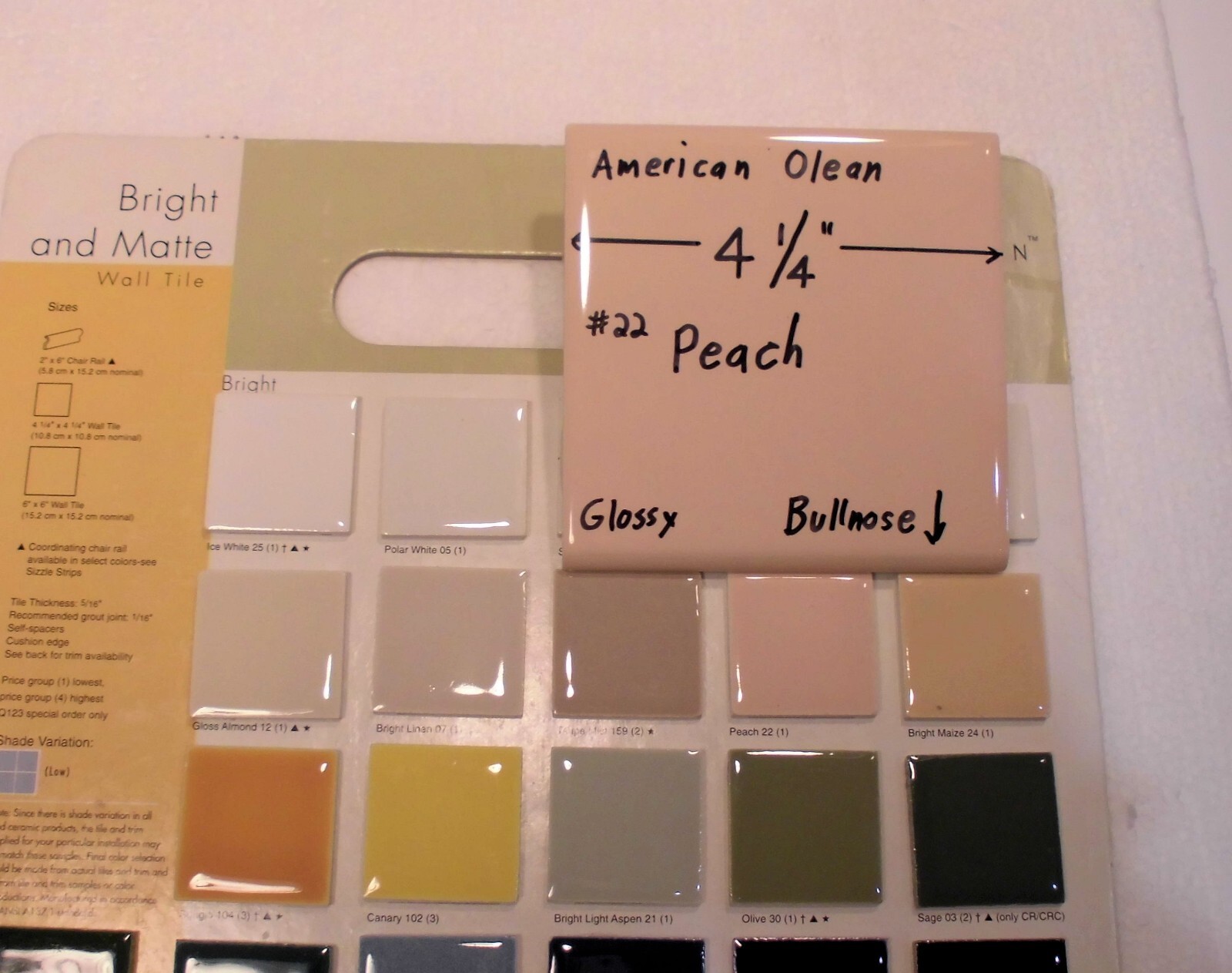 1 pc. *PEACH COLOR* Glossy Bullnose Ceramic Tile #22 by American Olean 4-1/4″