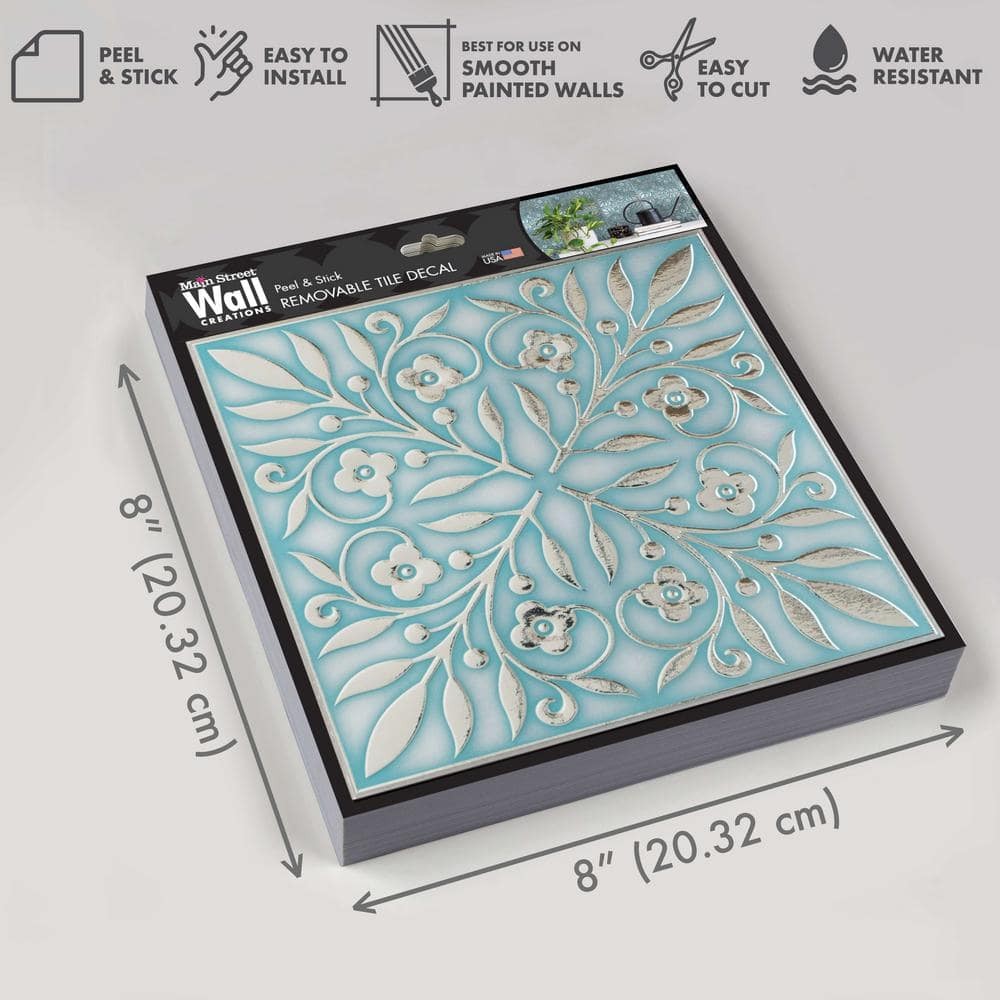 8″ X 8″ Teal and Silver Leaves Foil Peel & Stick Paper Tile Backsplash (24-Pack)