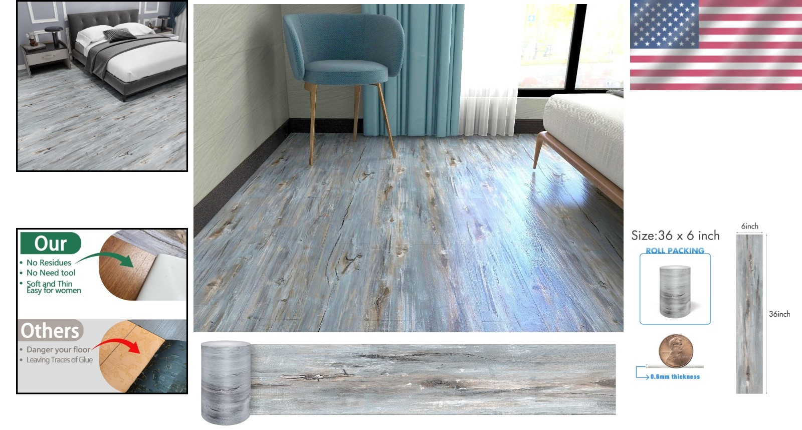 Durable Self-Adhesive Vinyl Floor Tiles, 108 Sq.Ft