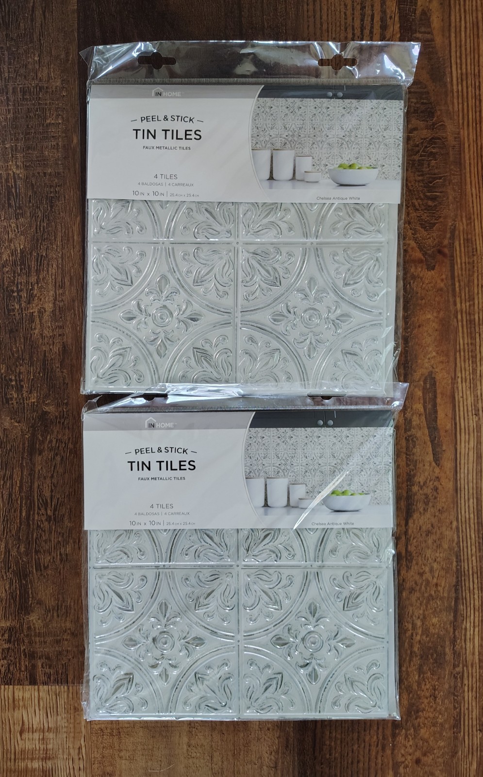 In Home Peel & Stick Tin Tiles Chelsea Antique White 10″ x 10″ 4 Tiles~NEW 2 PK