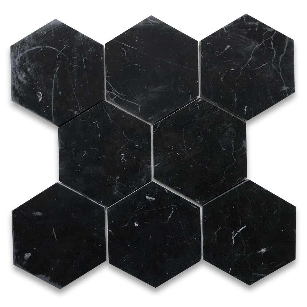N36H Nero Marquina Black Marble 6 inch Hexagon Tile Honed