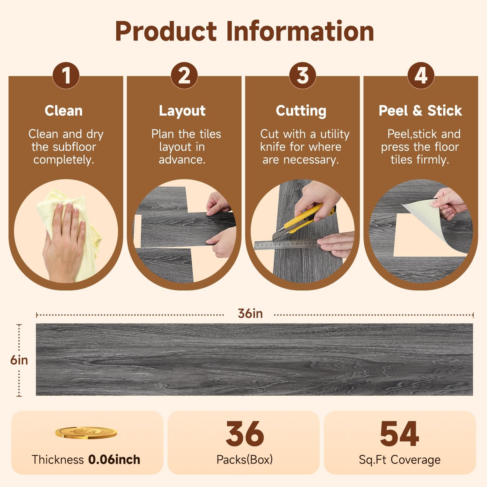 Peel and Stick Vinyl Flooring, 36-Pack 54 Sq.Ft Wood Grain Waterproof Rigid C…