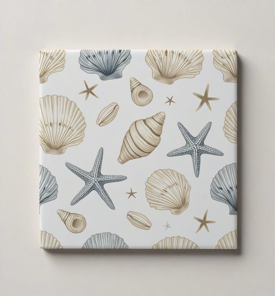 Coastal Ceramic Tile 3 sizes Blue Brown Seashells Printed in US