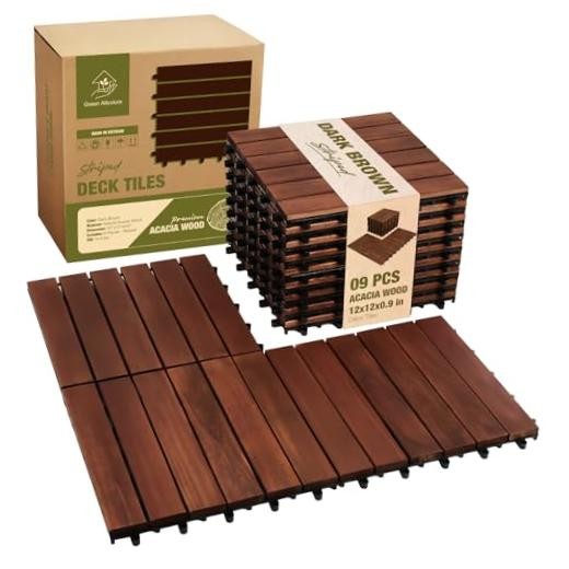 Premium Acacia Wood Interlocking Deck Tiles, 12″x12″x0.9″ Dark Brown – Striped