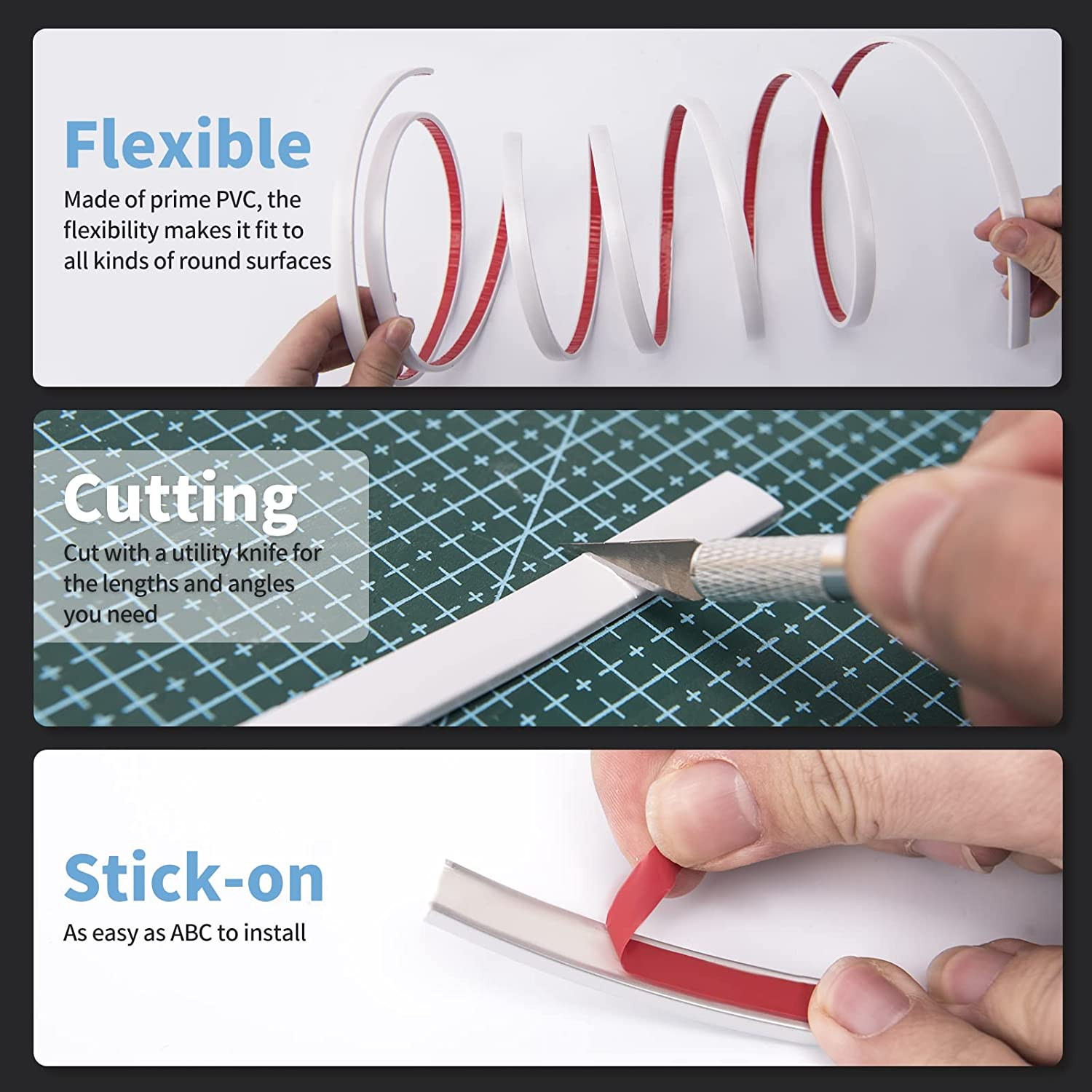 10 Ft Peel and Stick Flexible Vinyl Molding Trim for Wall Tile Edges, Kitchen ba