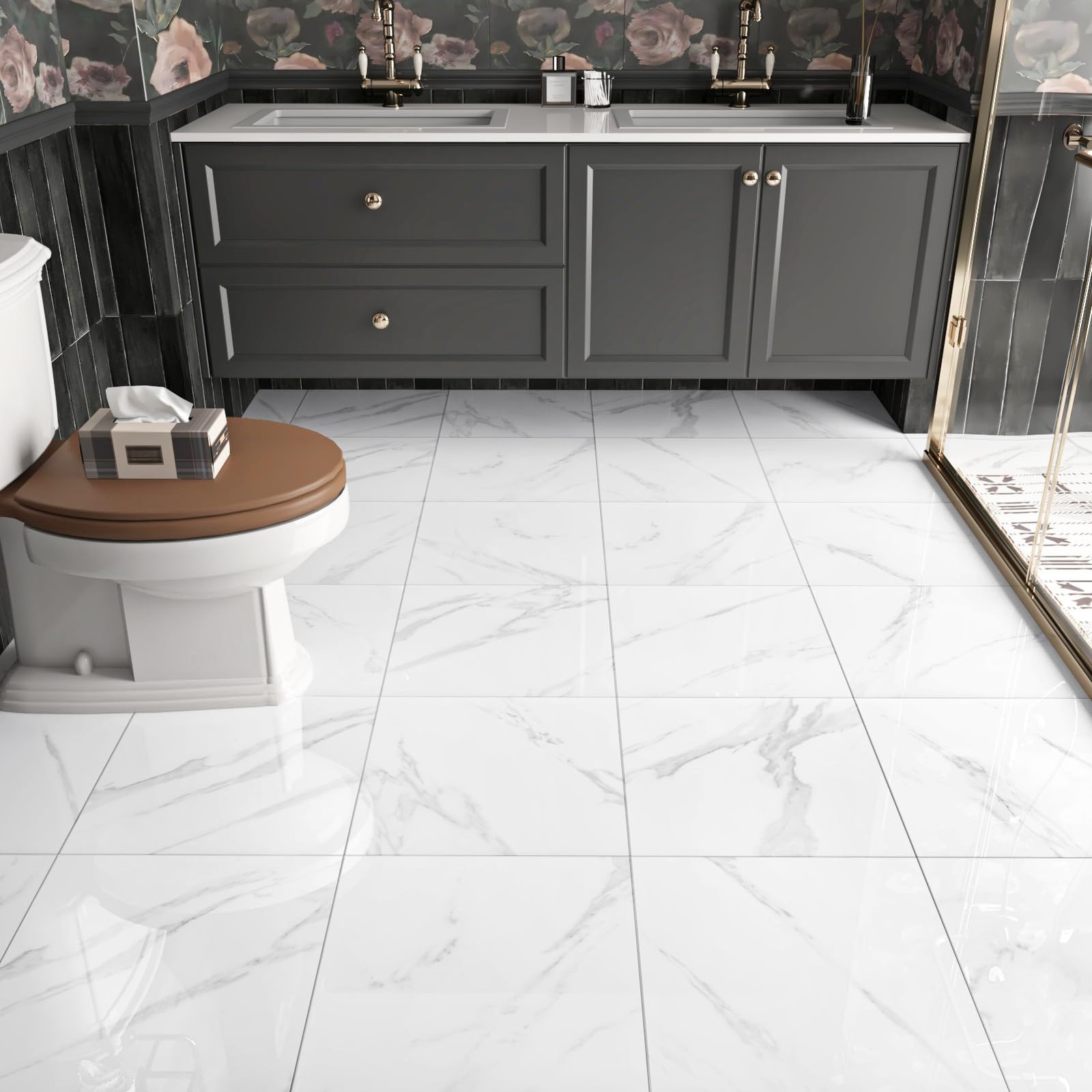 White Marble Peel and Stick Floor Tile Bathroom Self Adhesive Floor Tiles Peel a