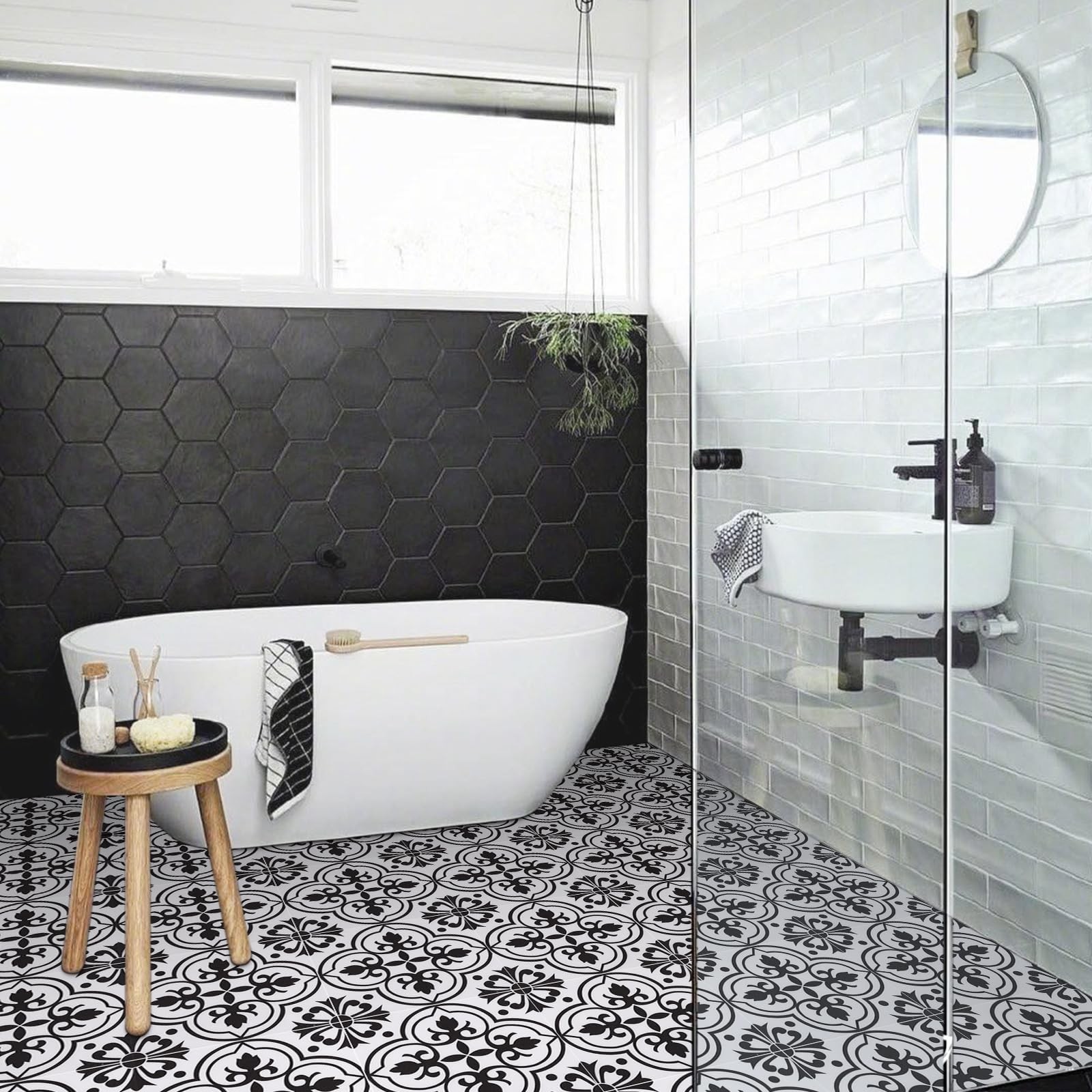 Peel and Stick Floor Tile: 10 Pcs Black and White Peel and Stick Flooring Wat…