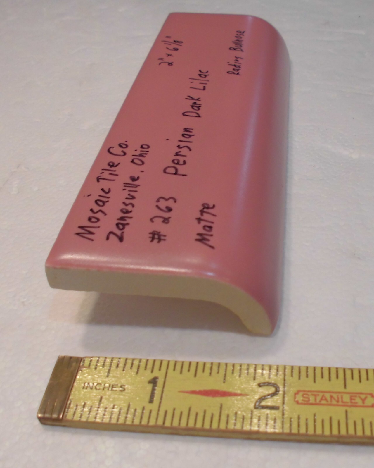 1 pc. *Dark Lilac* Matte Ceramic Radius Bullnose Cap Tile by The Mosaic Co.