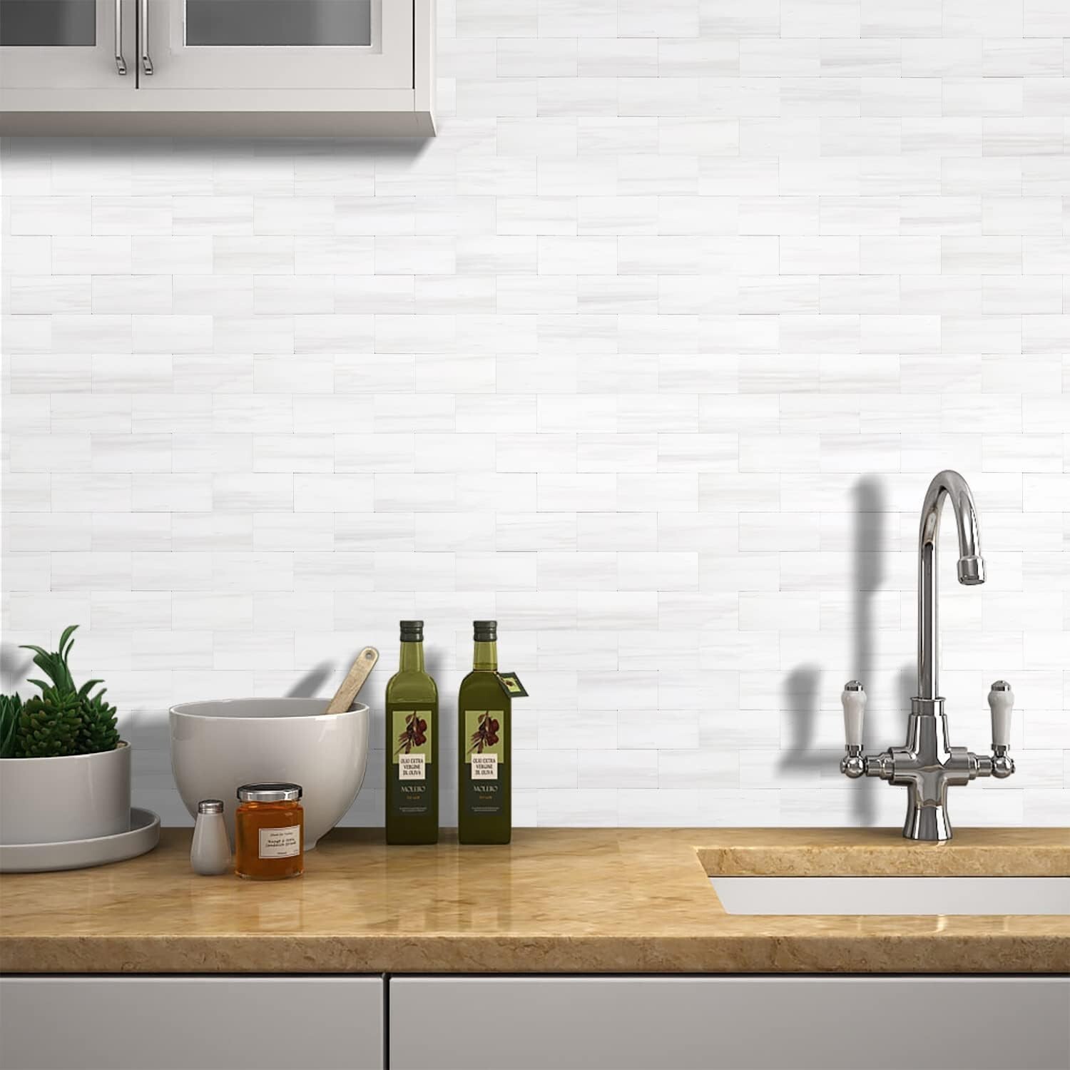 STICKGOO 10-Sheet Subway Tile Peel and Stick Backsplash, Star White Marble Look