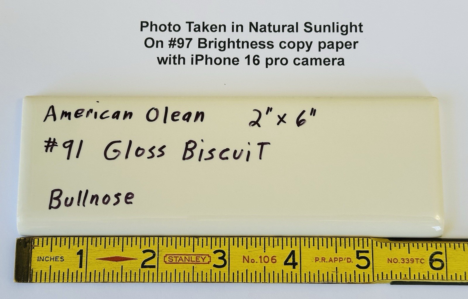 1 pc. Gloss Biscuit #91 by American Olean 2″ X 6″ Surface Bullnose Ceramic Tile