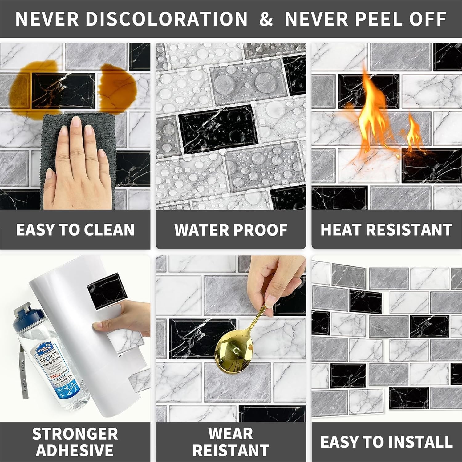 10 Sheets Peel & Stick Marble Backsplash Tiles 12×12 in Gray White Black