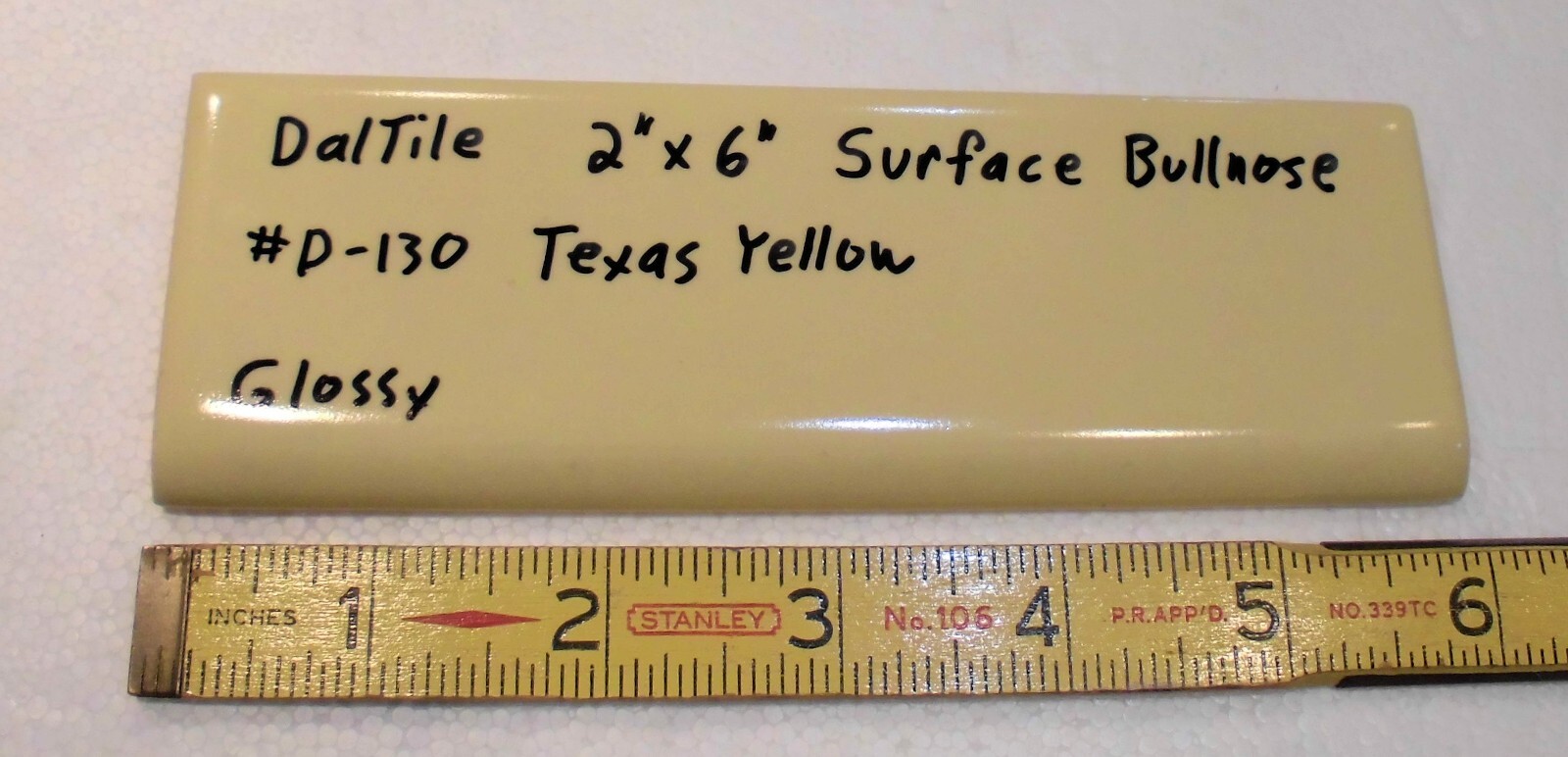 1 pc. Texas Yellow: Glossy Ceramic Bullnose Flat Trim Tile by Daltile in 1970’s