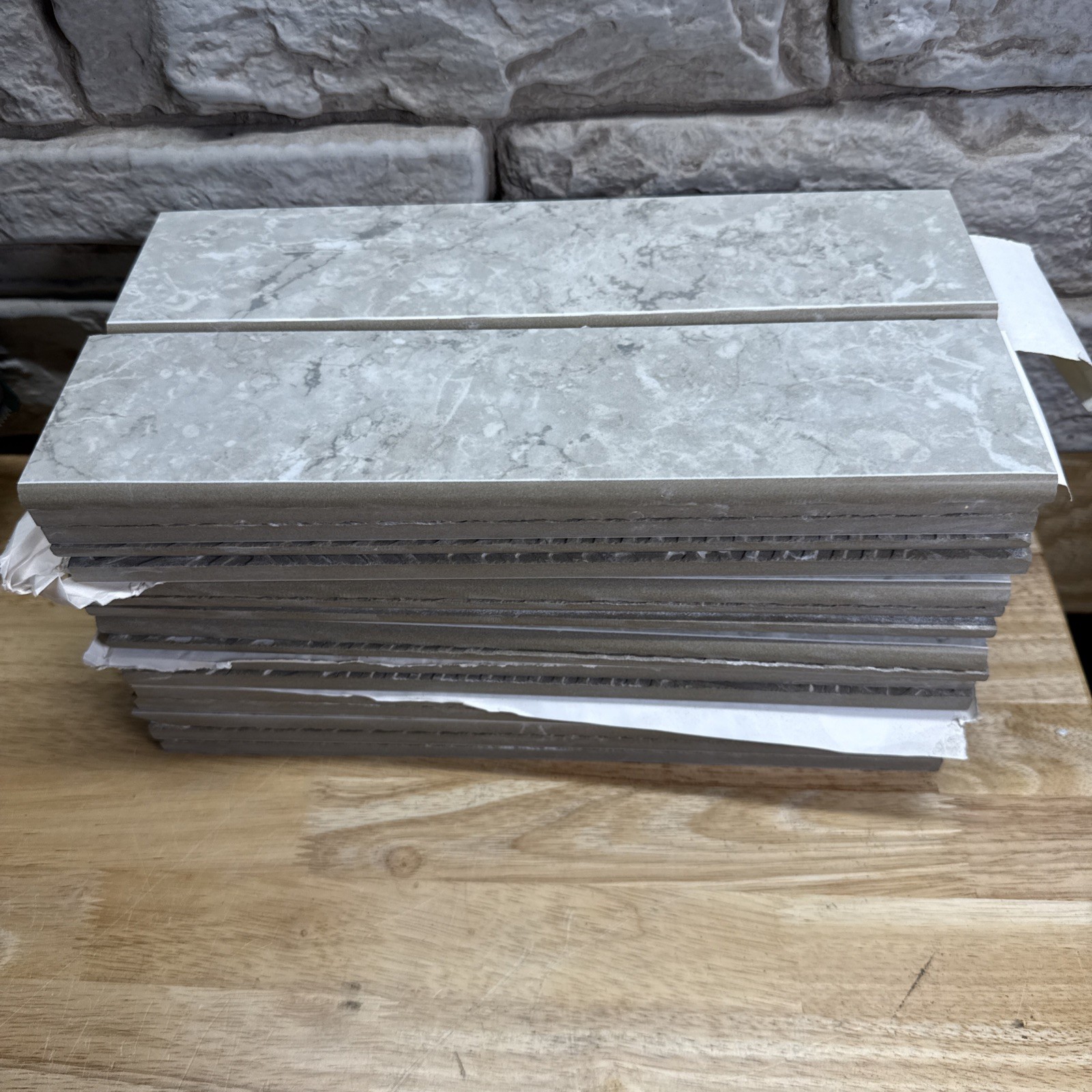 Marina Grey Bullnose 3-in X 12-in Polished Porcelain Marble Look Tile(Lot Of 34)