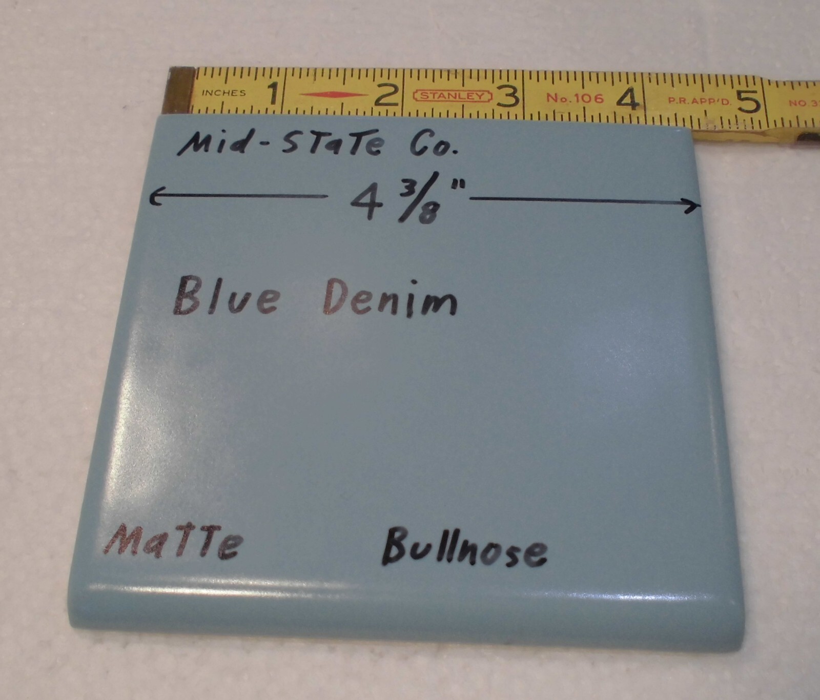 1 pc. Blue Denim: Matte Ceramic Bullnose Tile 4-3/8″ by Mid-State Co. NOS