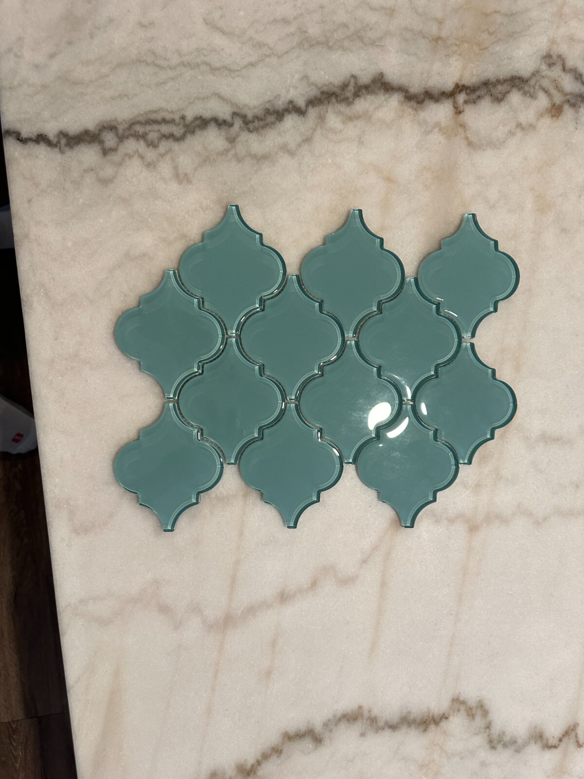 Aqua Blue Arabesque Glossy Glass Mosaic 9″x13″ Offset
