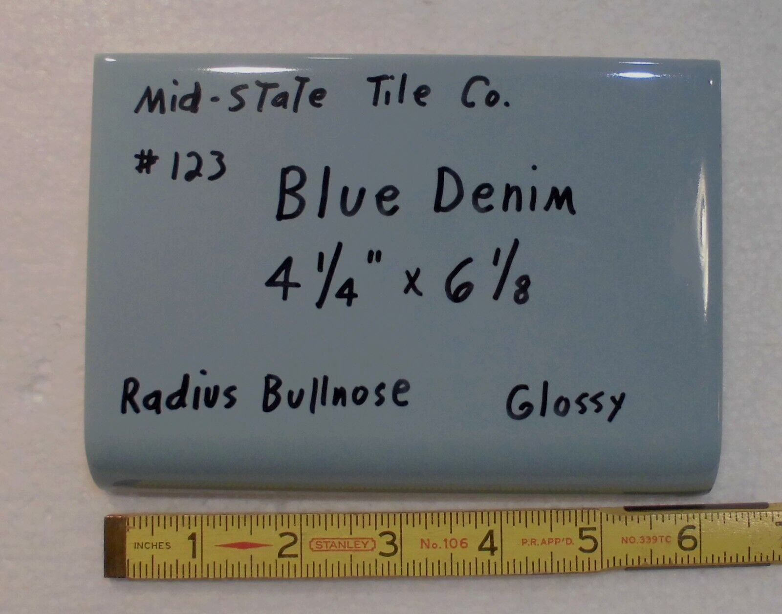 1 pc. *Blue Denim* Glossy Ceramic Bullnose Tile 4-3/8″ X 6-1/8″ by Mid-State Co.
