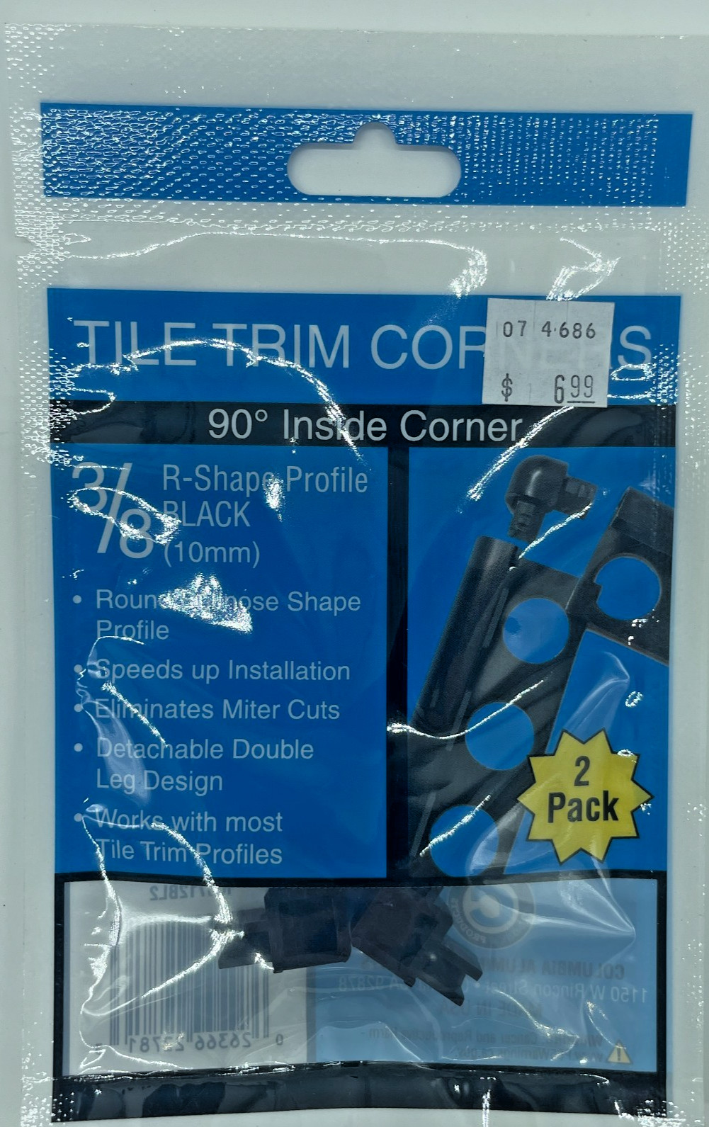 Tile Trim Corner 90° Inside Corner 3/8″ R-Square Shape Black Finish lot of 6
