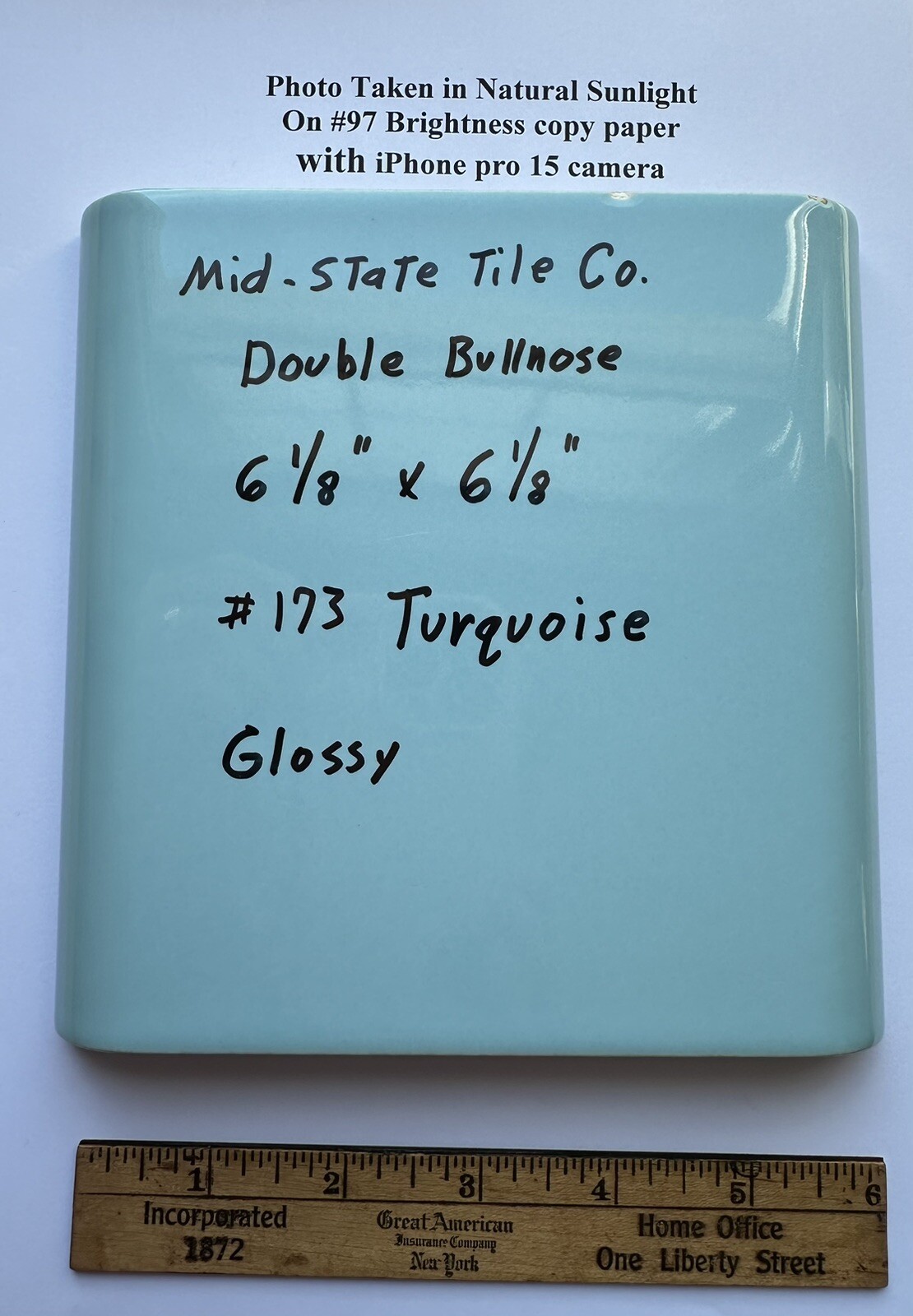 1 pc. Turquoise 6″ x 6″ Double Radius Bullnose Glossy Ceramic Tile: made 1950’s