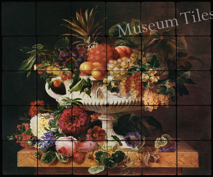 24×20 Urn with Fruits Backsplash Mural Tumbled Marble Tiles