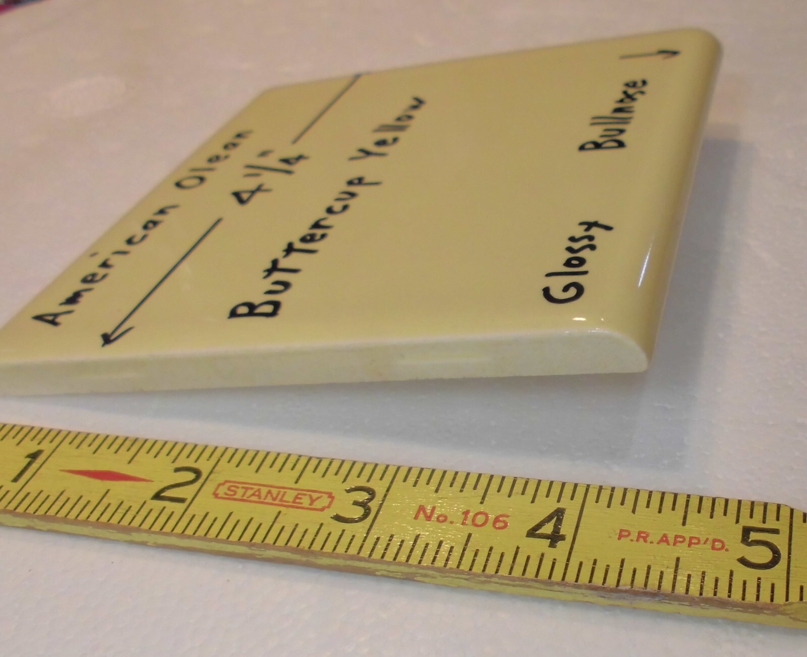 1 pc. Buttercup Yellow: 4-1/4″ Glossy BULLNOSE Ceramic Tile: American Olean, NOS