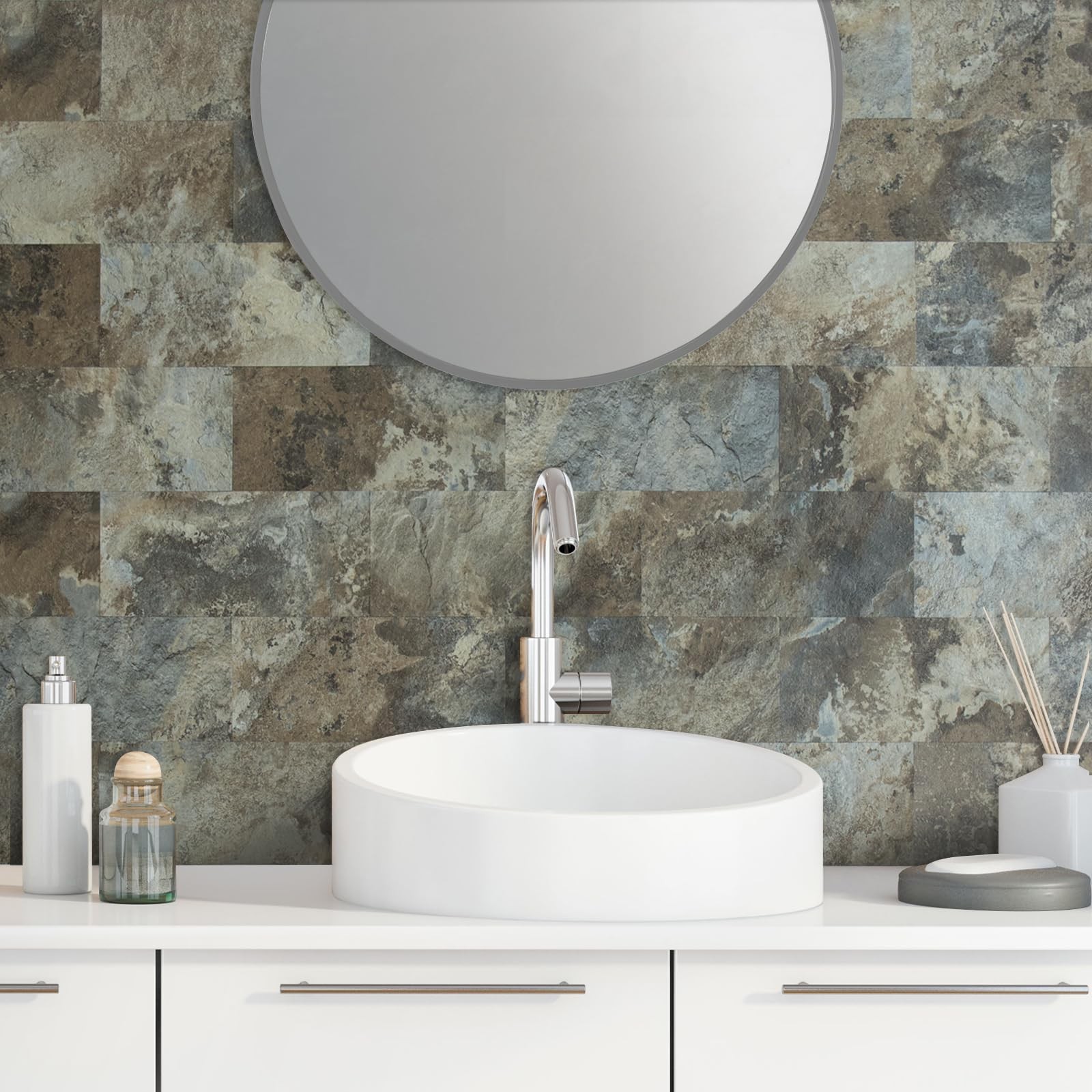 20-Piece Beige & Brown Slate Peel and Stick Backsplash Wall Tiles, 6″ x 12″ P…
