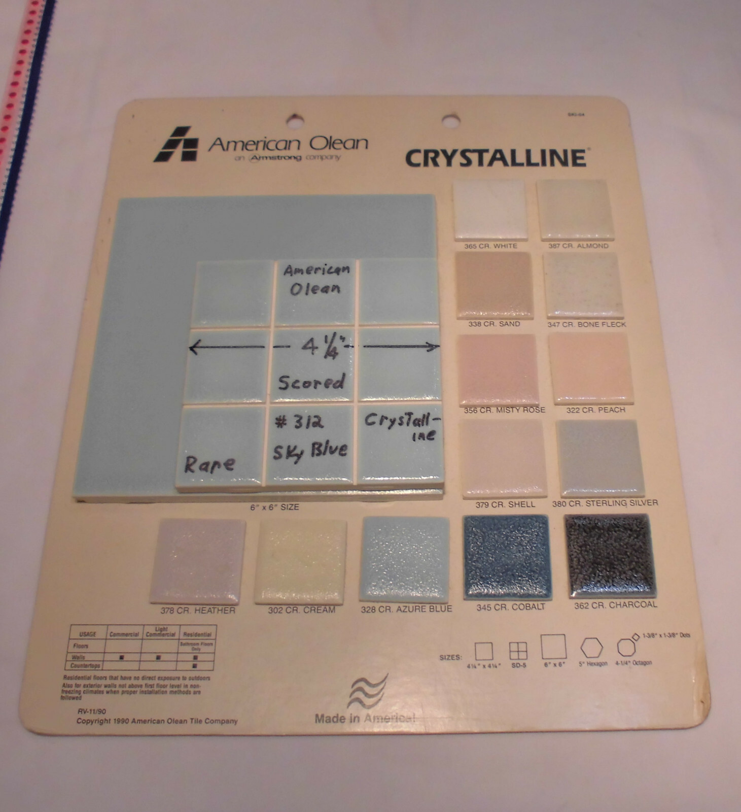 1 pc. 4-1/4″ Ceramic Tile *Sky Blue* Scored 9ths Crystalline; by American Olean