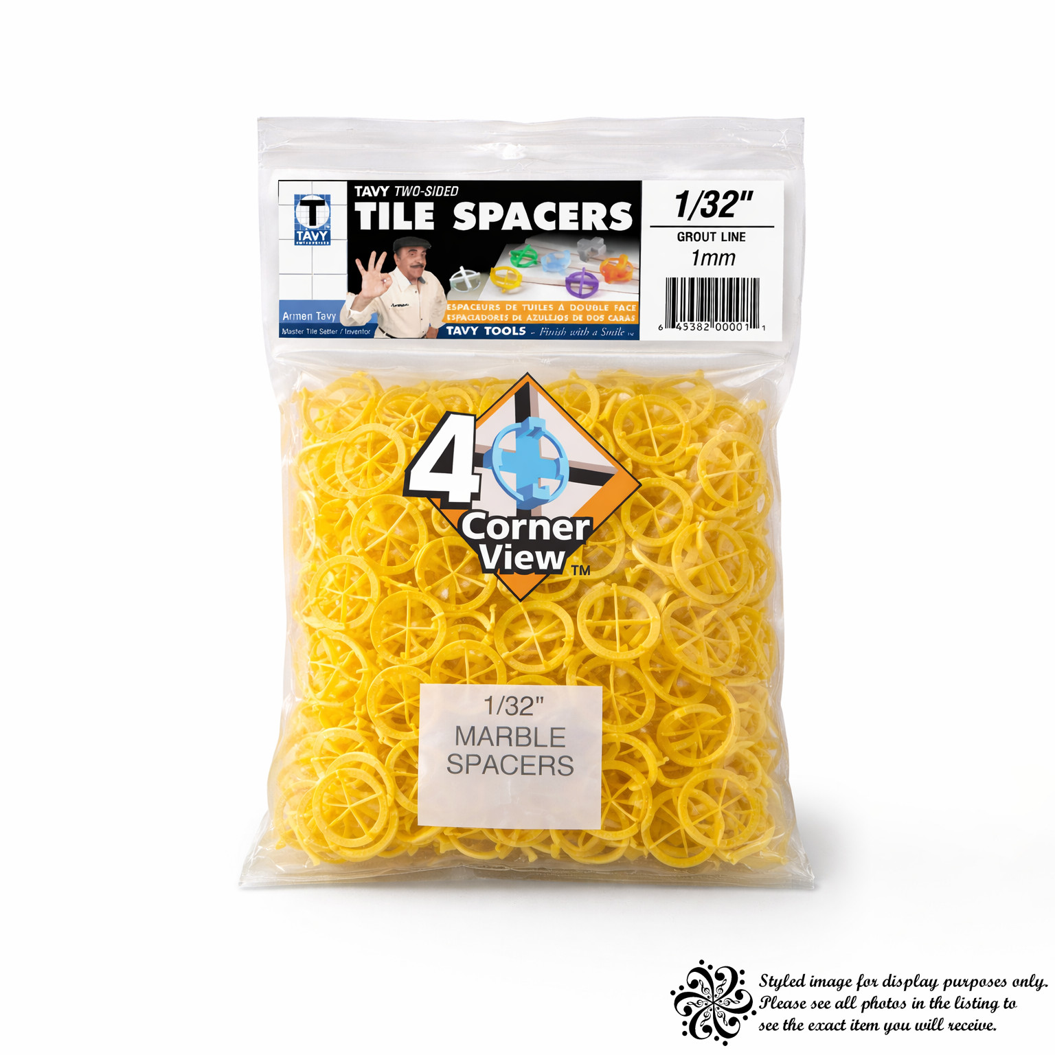 TAVY Two-Sided Tile Spacers 1/32″ 1mm 4 Corner View Yellow 100 Pack