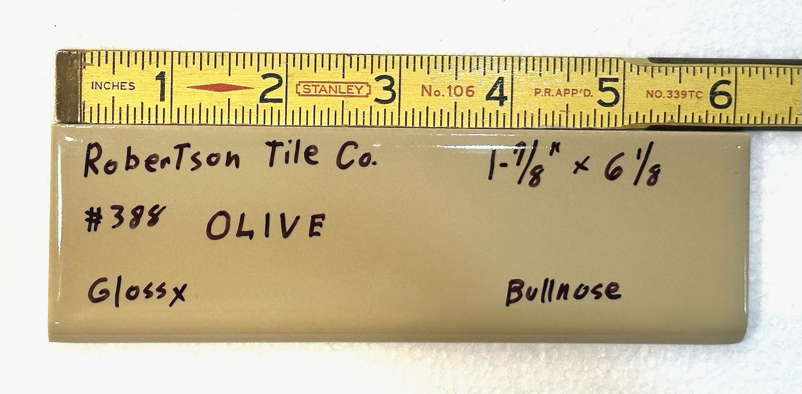 1 pc. Olive – Green: 2” X 6” Glossy Bullnose Ceramic Tile by Robertson, NOS