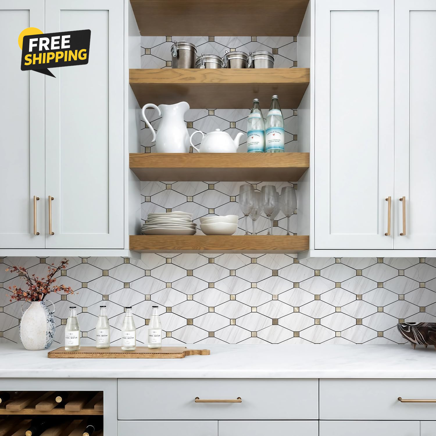 10 Sheets Peel and Stick Dolomite Mosaic Tile, White Marble Look PVC Mixed