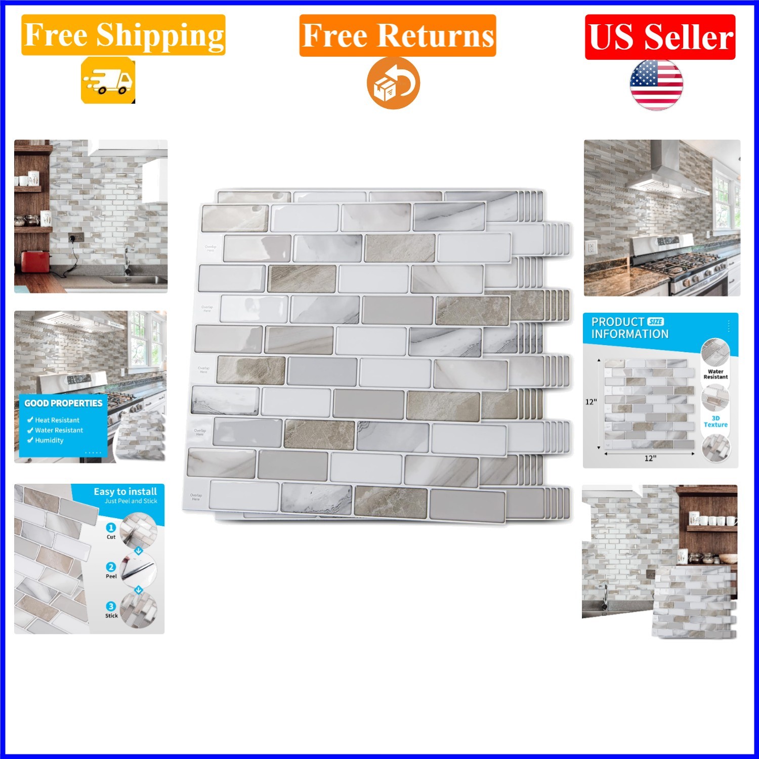 Beige & White 10-Sheet Peel & Stick Backsplash Tile, Modern, Waterproof