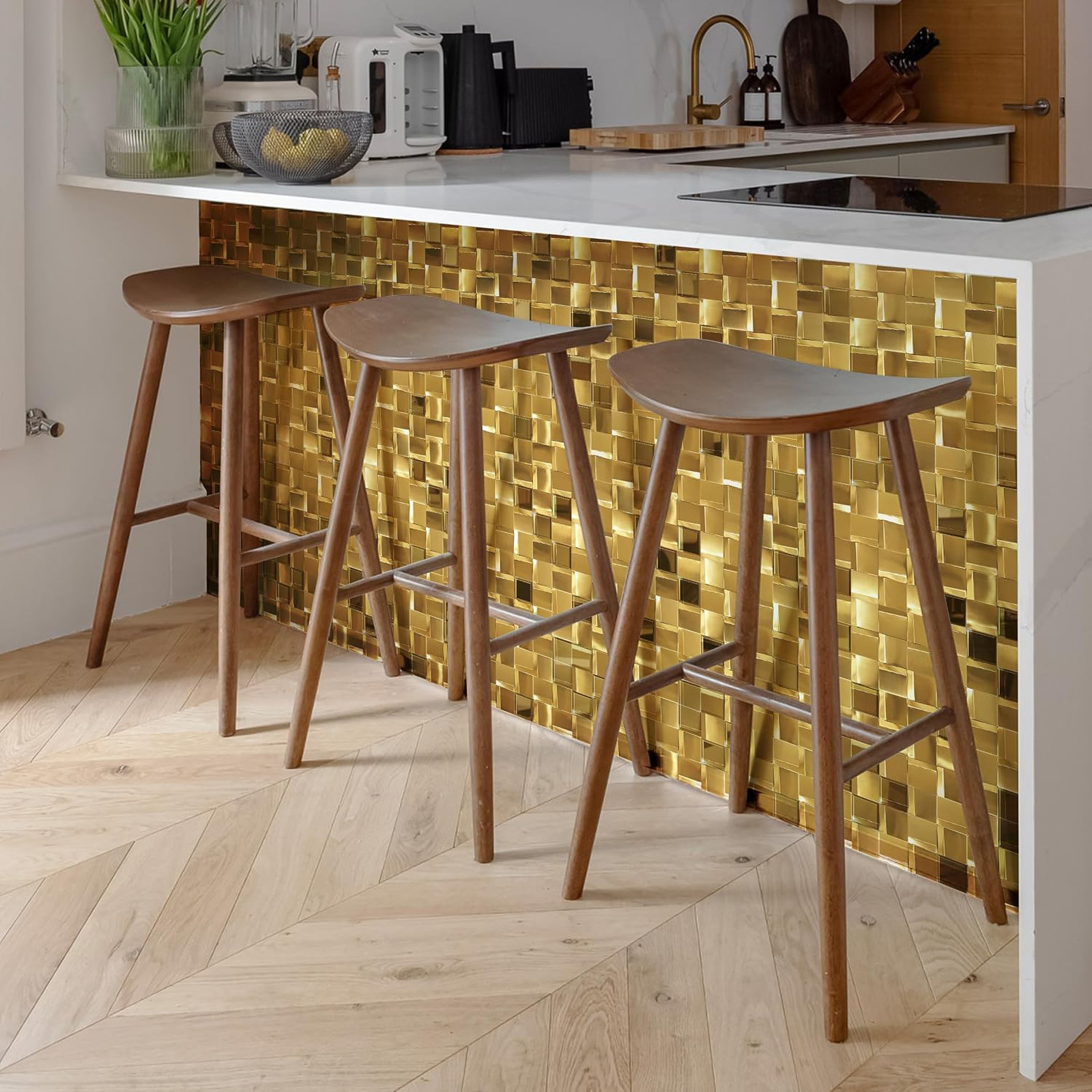 Metal Mosaic Wall Tiles, Gold 3D Backsplash Panels, 12×12 Inches, 5 Sheets