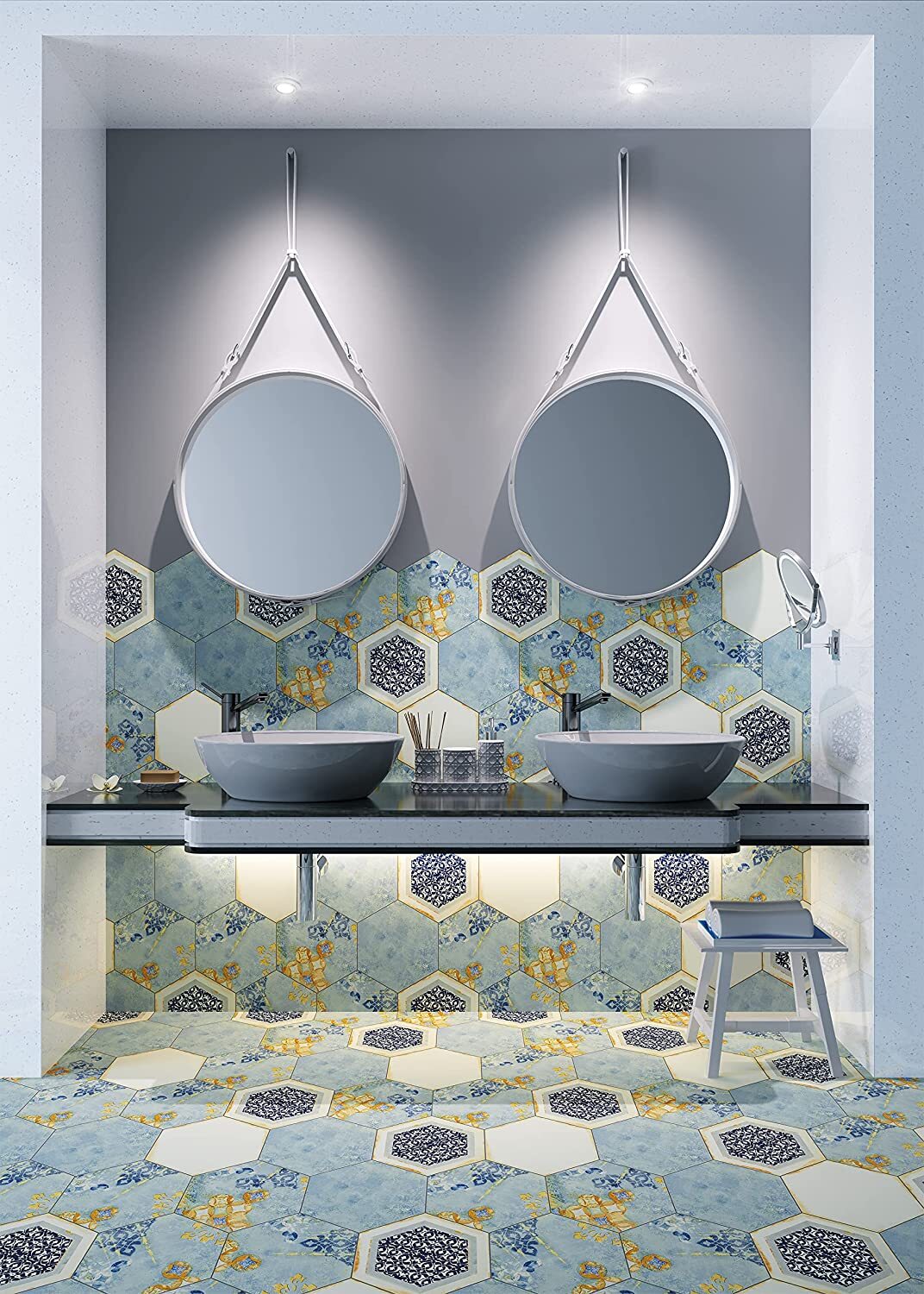8×9 Natura Collection Cerulean Blue Hexagon Porcelain Floor Tile (BOX OF 10)