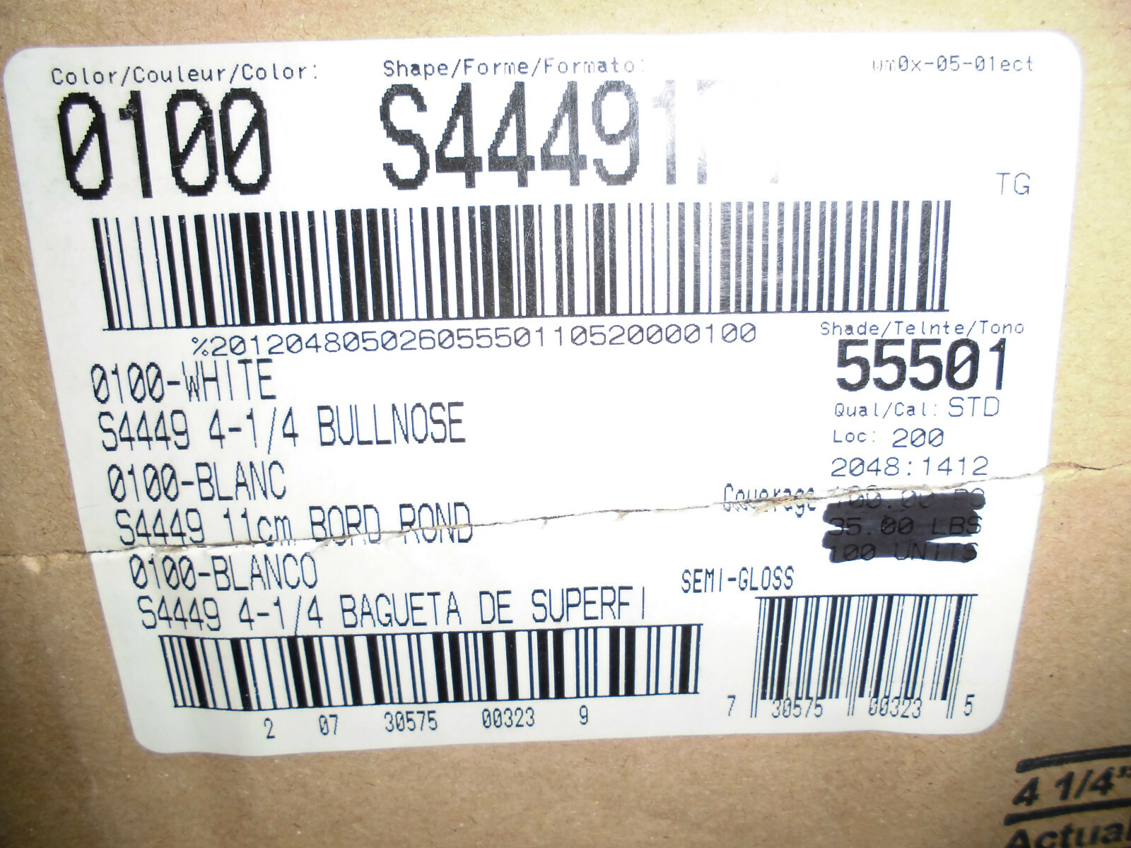 1 pc. White #100 by Daltile Co. 4-1/4″ Ceramic Surface Bullnose Tile; New Flat