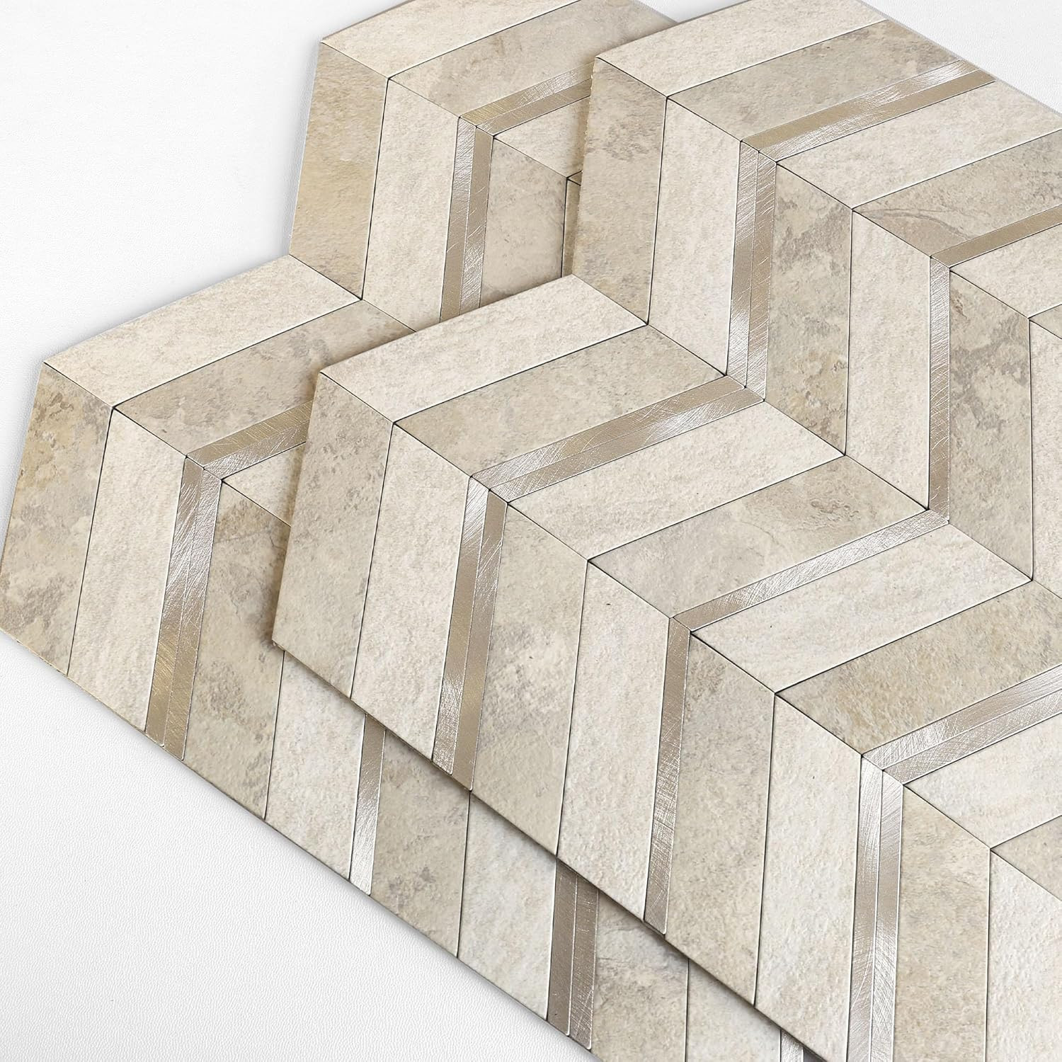 Stone Look Herringbone Peel and Stick Kitchen Backsplash Tiles – Beige, 10 Pcs