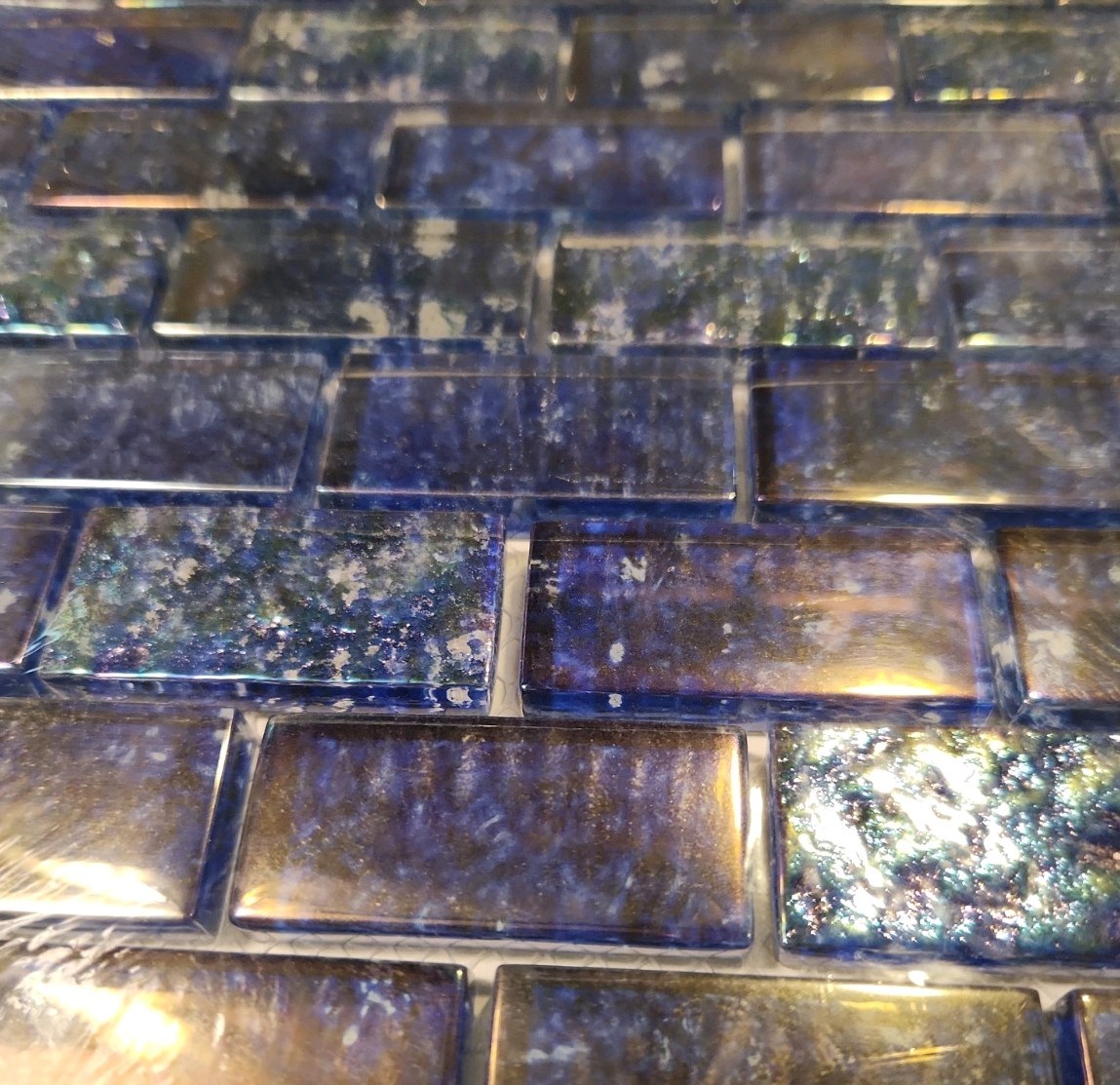 Iridescent Glass Tile 3 Sheets 3 Sq.ft. Blue Brick Mosaic From Soho Studio New