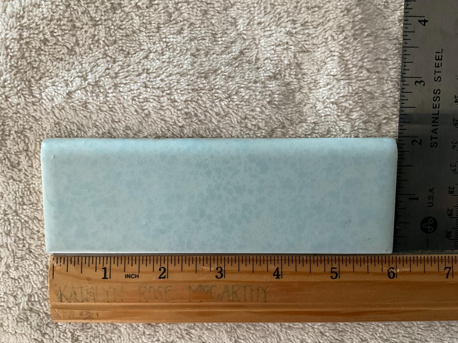Light Blue Mottled Gloss/MatVintage Ceramic Bullnose Flat Trim Tile 2’X6” Unused
