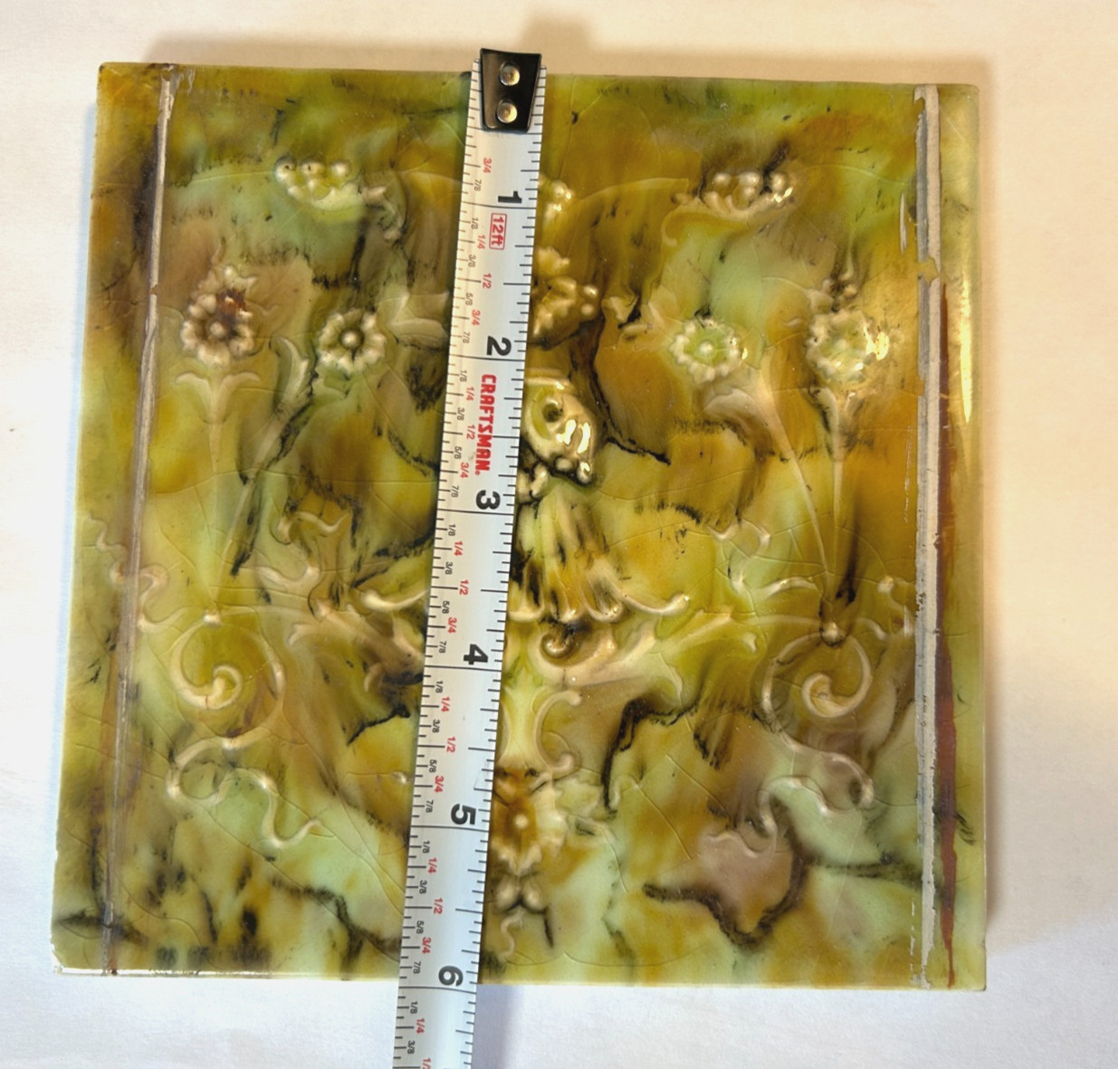 Cambridge Mottled Greens Antique Glaze Art Nouveau Majolica Tile 6″ X 6″