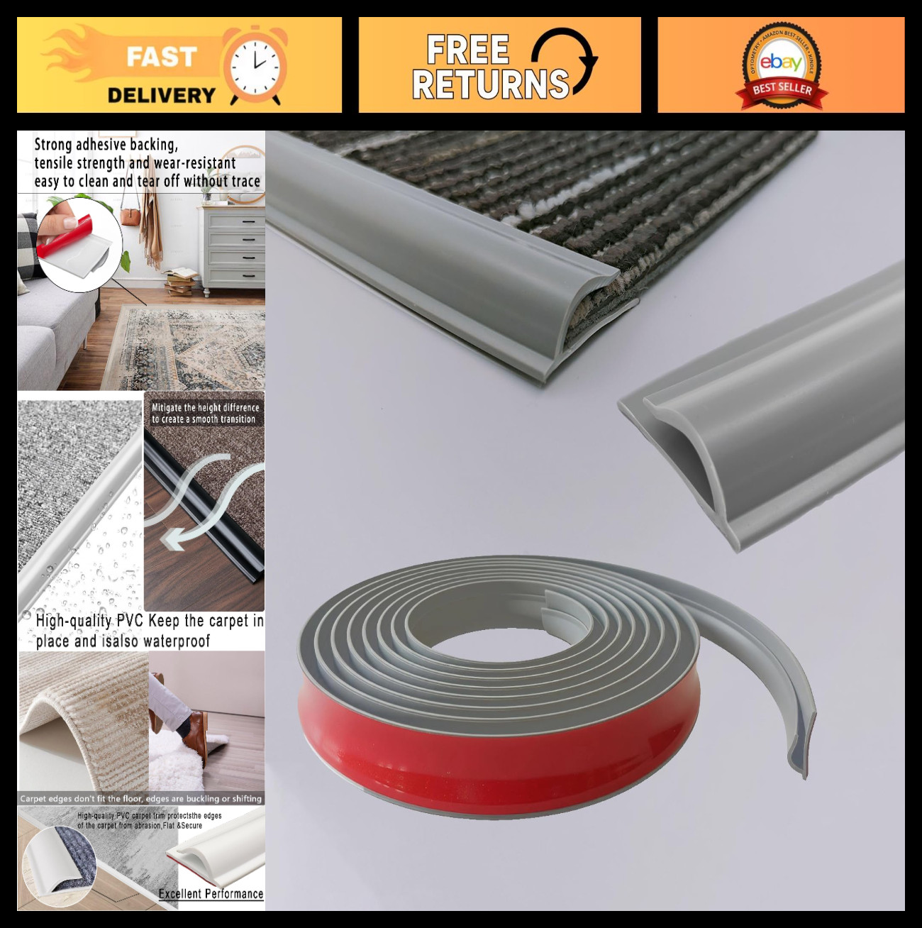 Self-Adhesive Carpet to Tile Transition Strip, Flexible Cuttable Edge Trim, 30ft